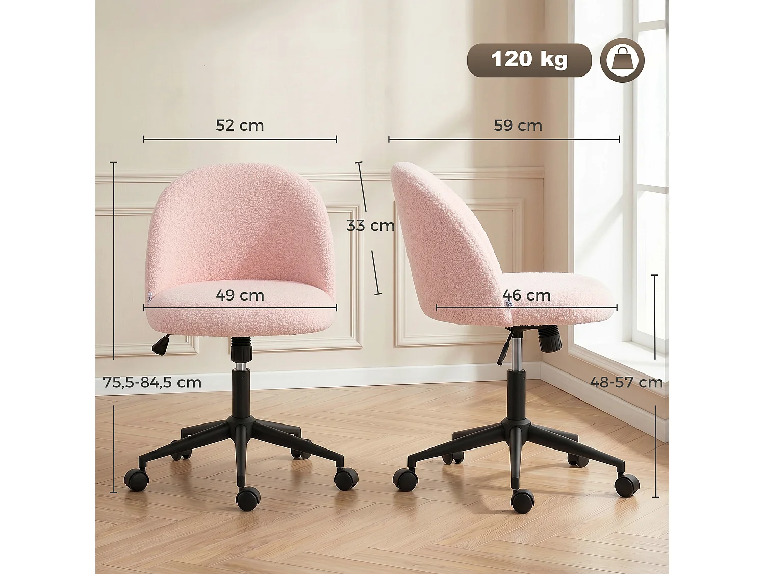 Chaise de bureau pivotante réglable bouclette rose