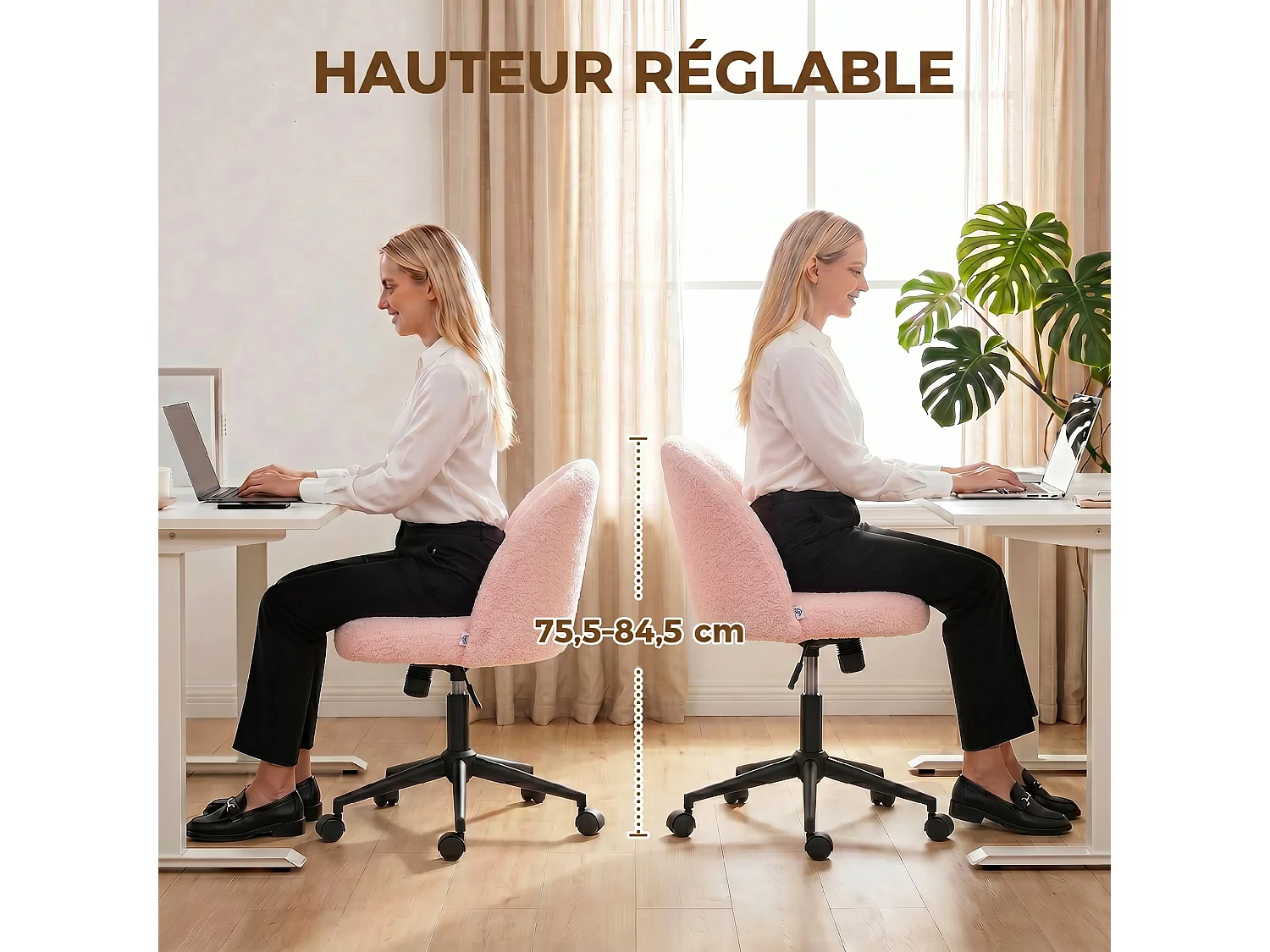 Chaise de bureau pivotante réglable bouclette rose