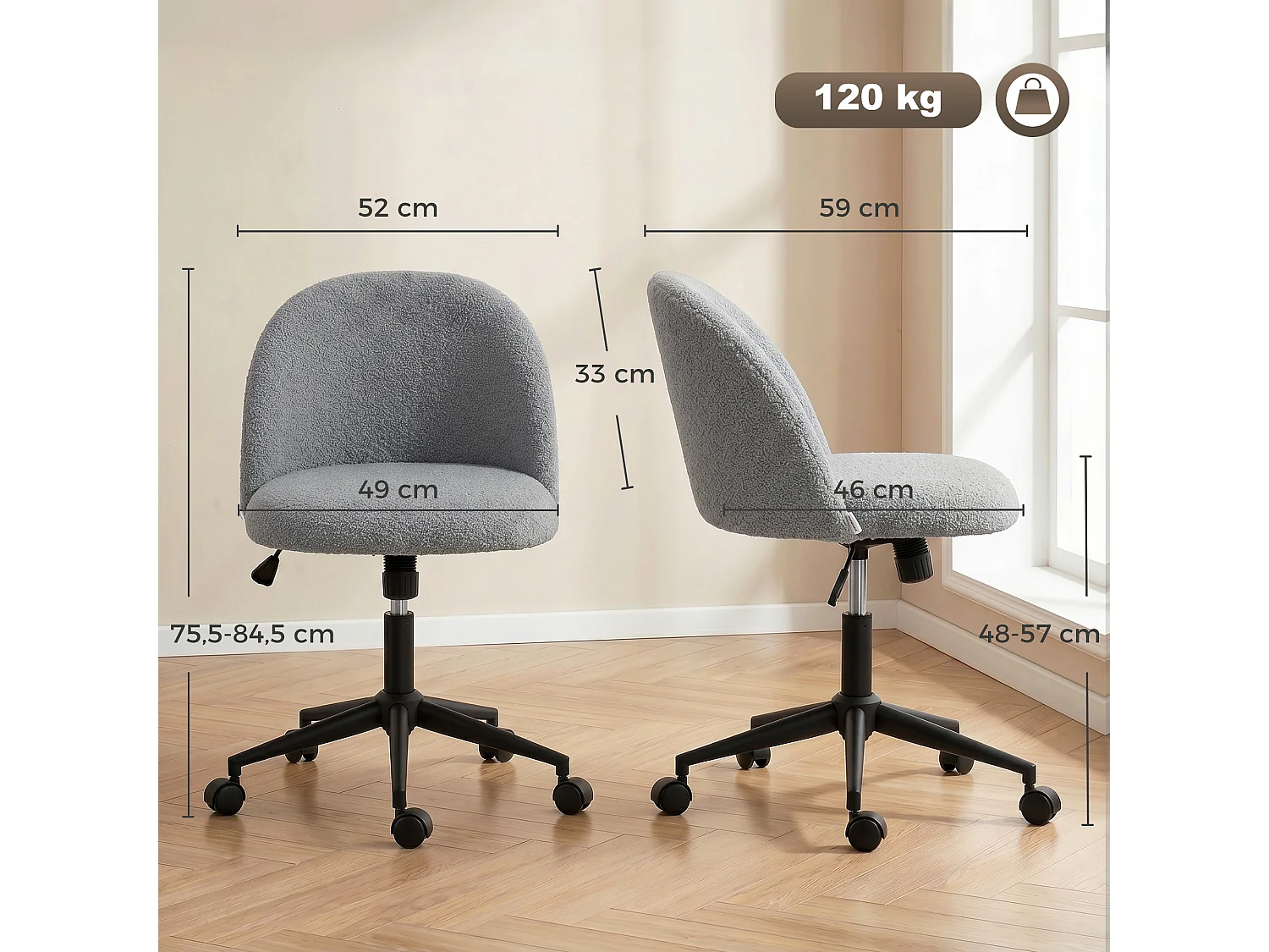 Chaise de bureau pivotante réglable bouclette gris