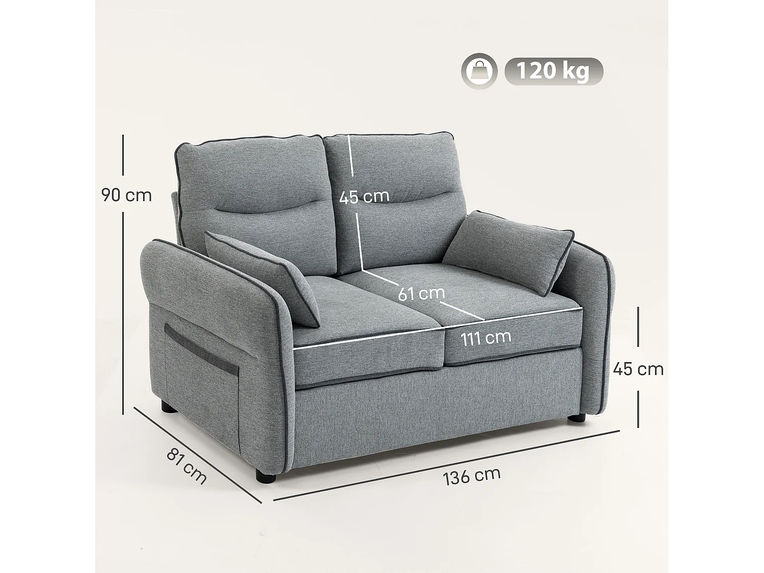 Canapé 2 places moderne haut dossier grand confort 2 coussins poche rangement velours gris
