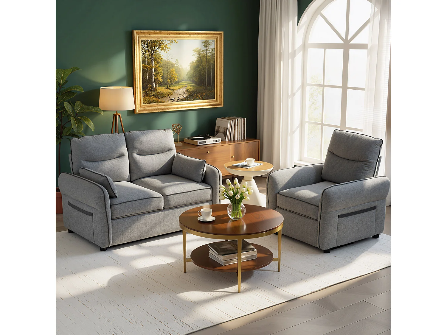 Canapé 2 places moderne haut dossier grand confort 2 coussins poche rangement velours gris