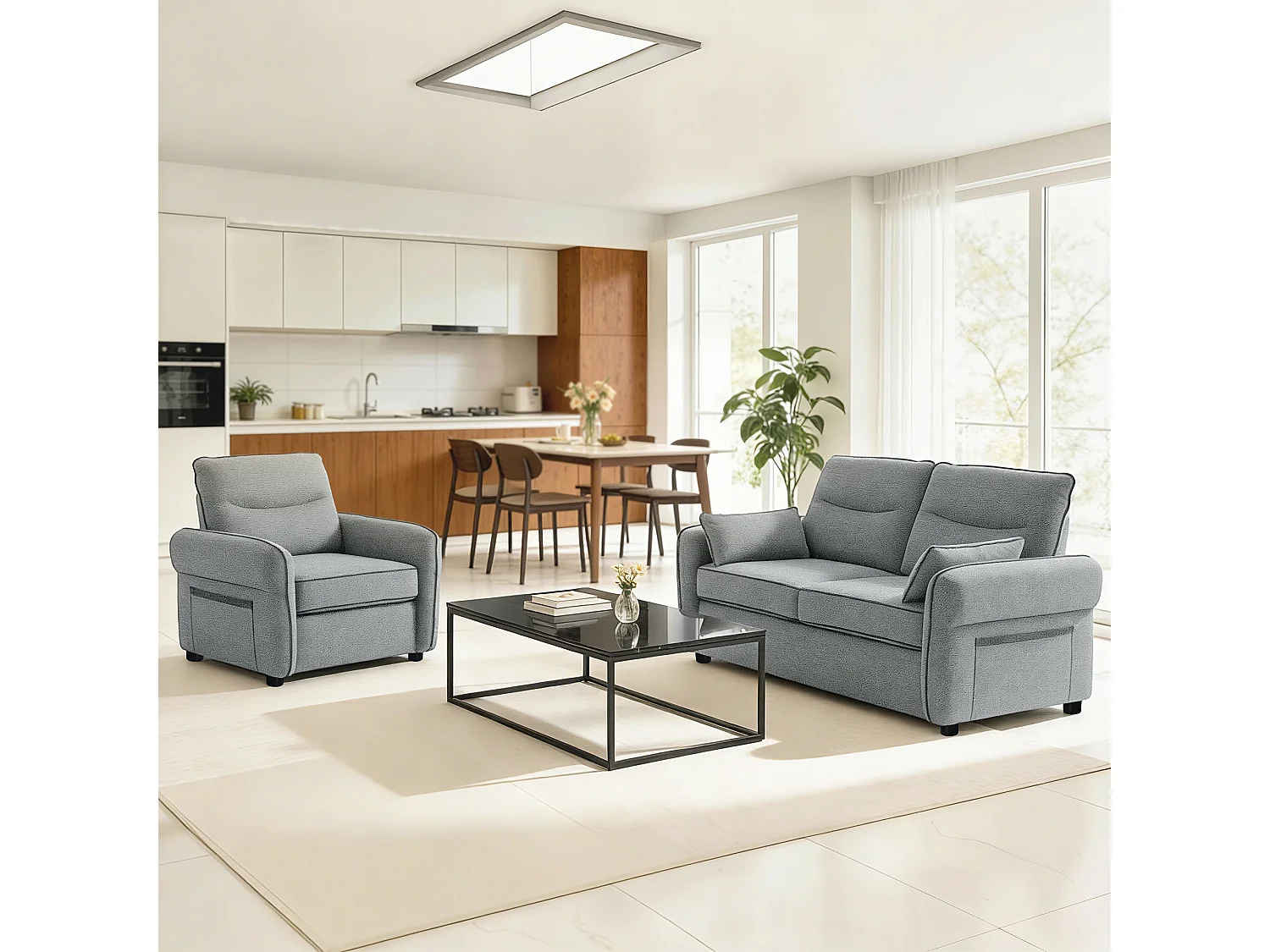Canapé 2 places moderne haut dossier grand confort 2 coussins poche rangement velours gris