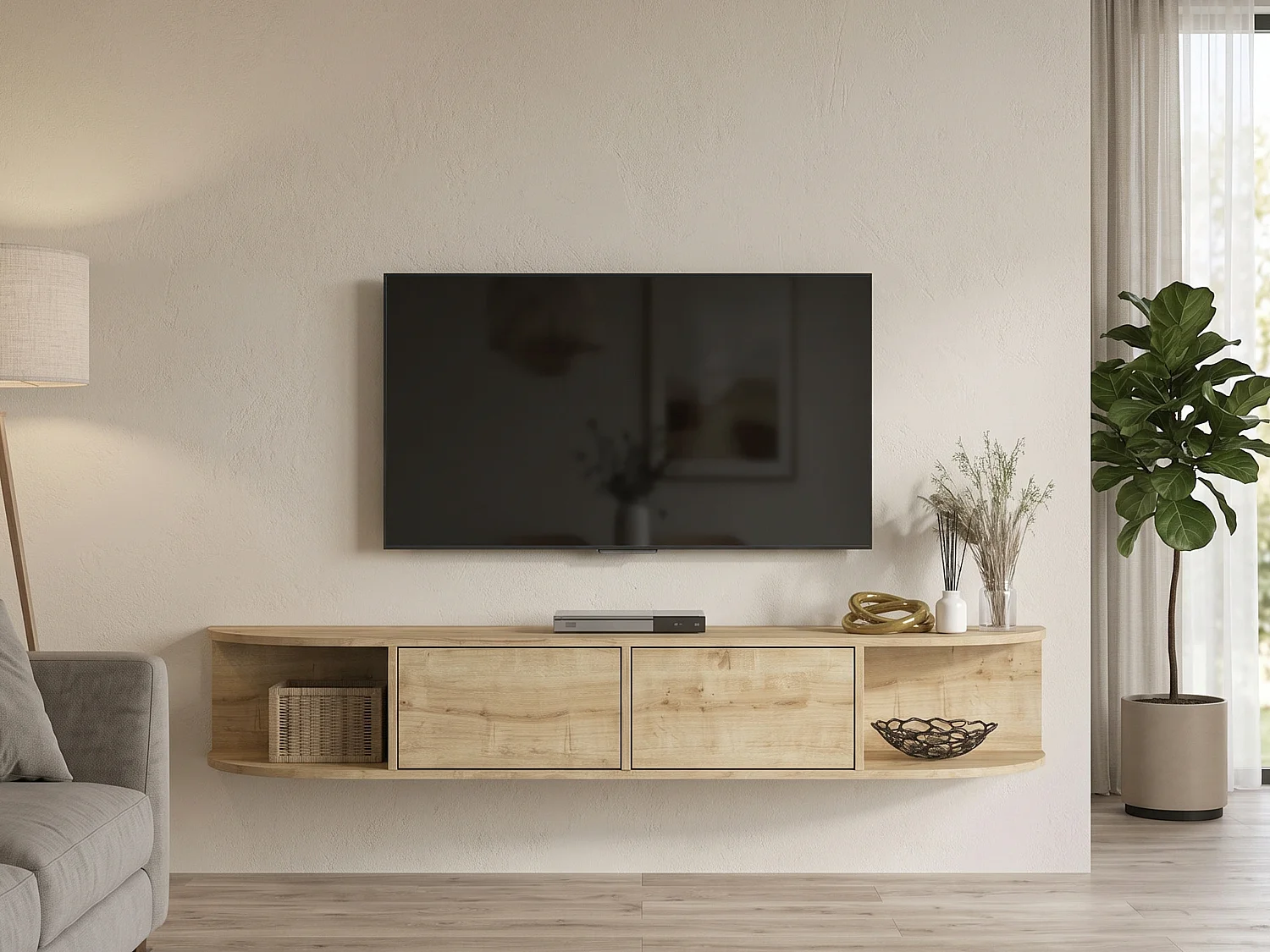 Meuble TV suspendu avec 2 tiroirs et 2 niches - Naturel clair - LODUNA