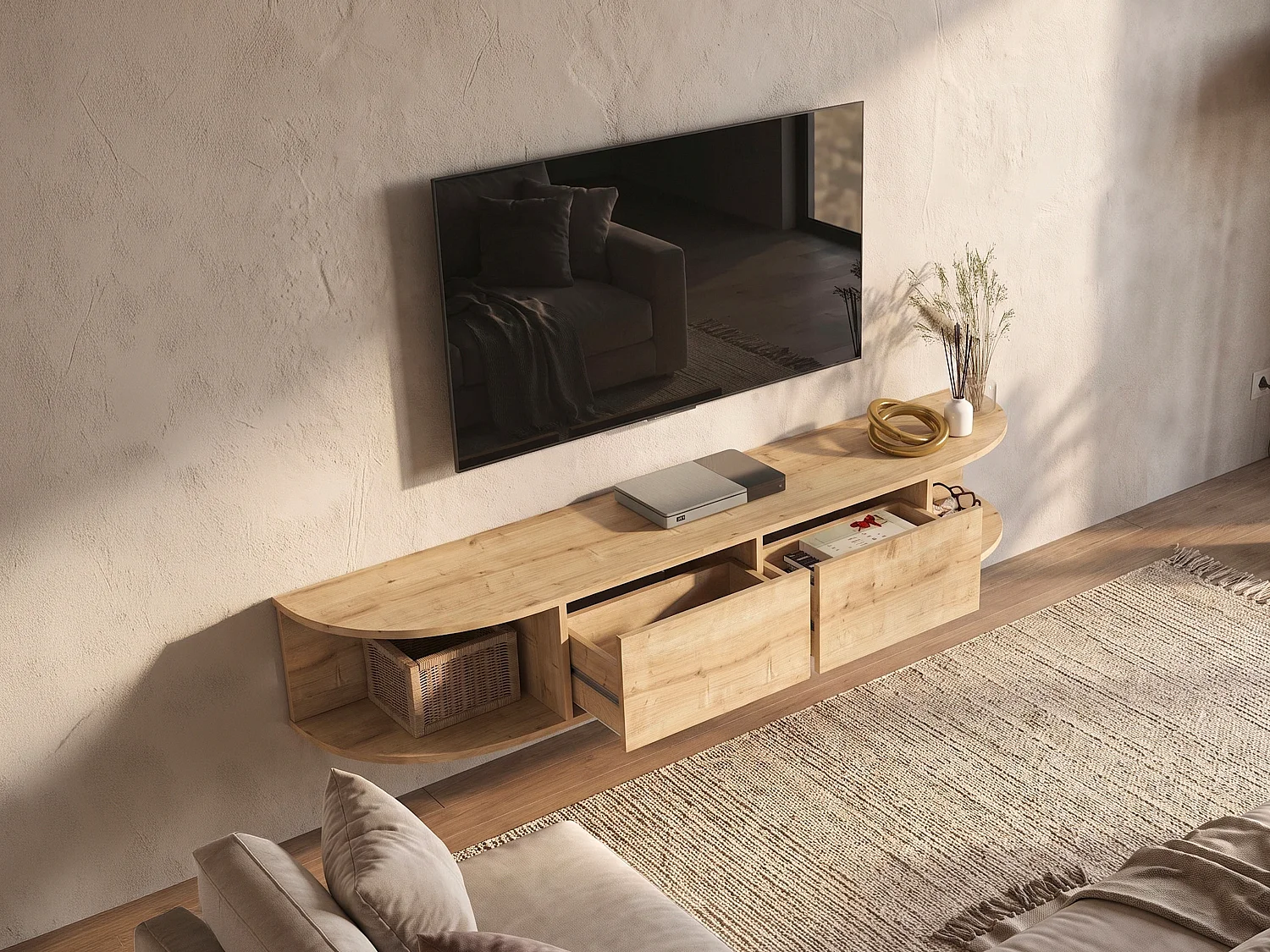 Meuble TV suspendu avec 2 tiroirs et 2 niches - Naturel clair - LODUNA