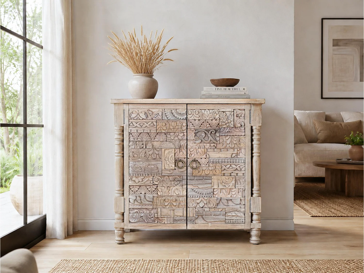 Buffet en chêne recyclé de 90 cm, style bohème ethnique