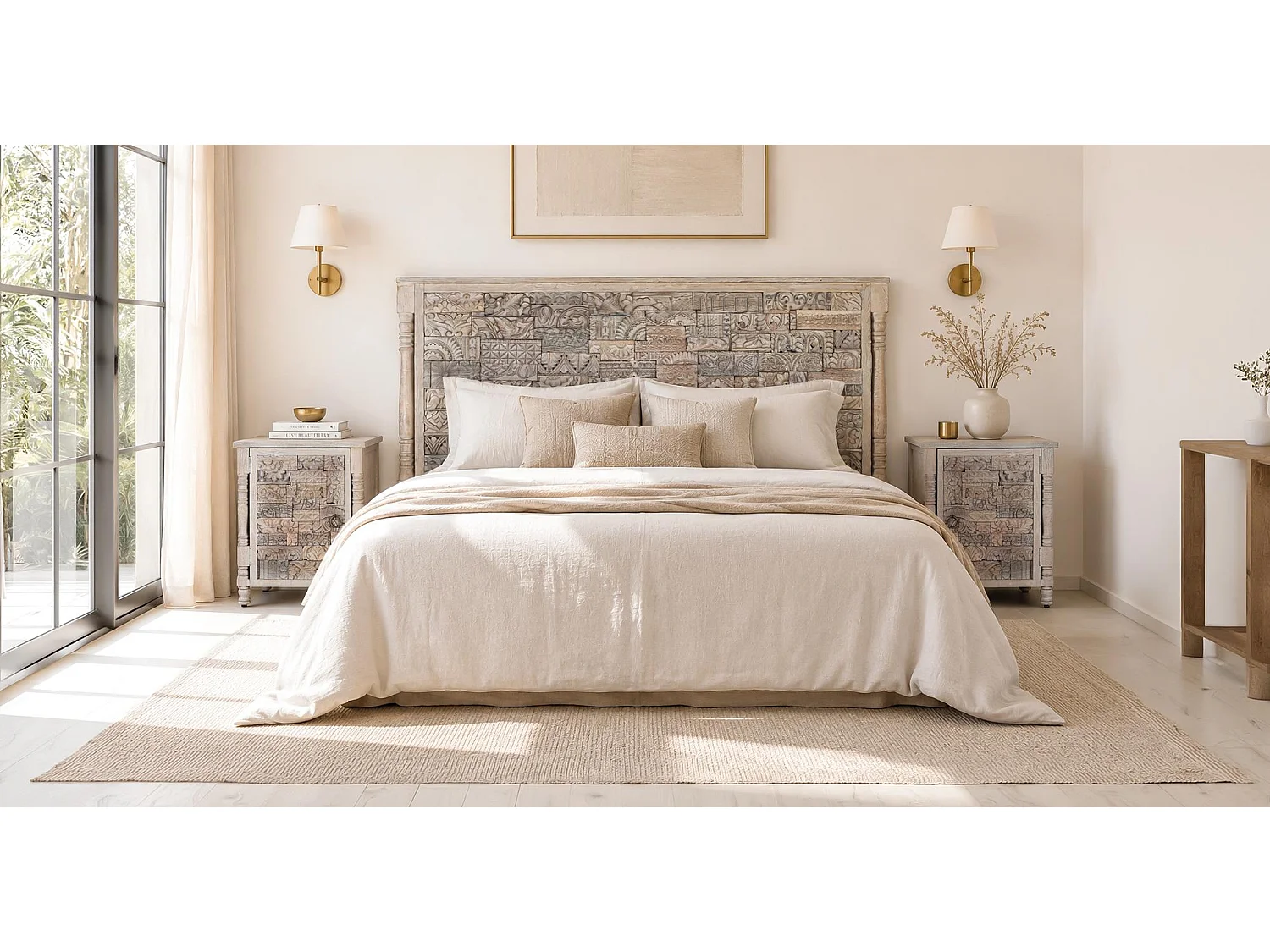 Tête de lit en chêne recyclé, 167 cm, style bohème ethnique