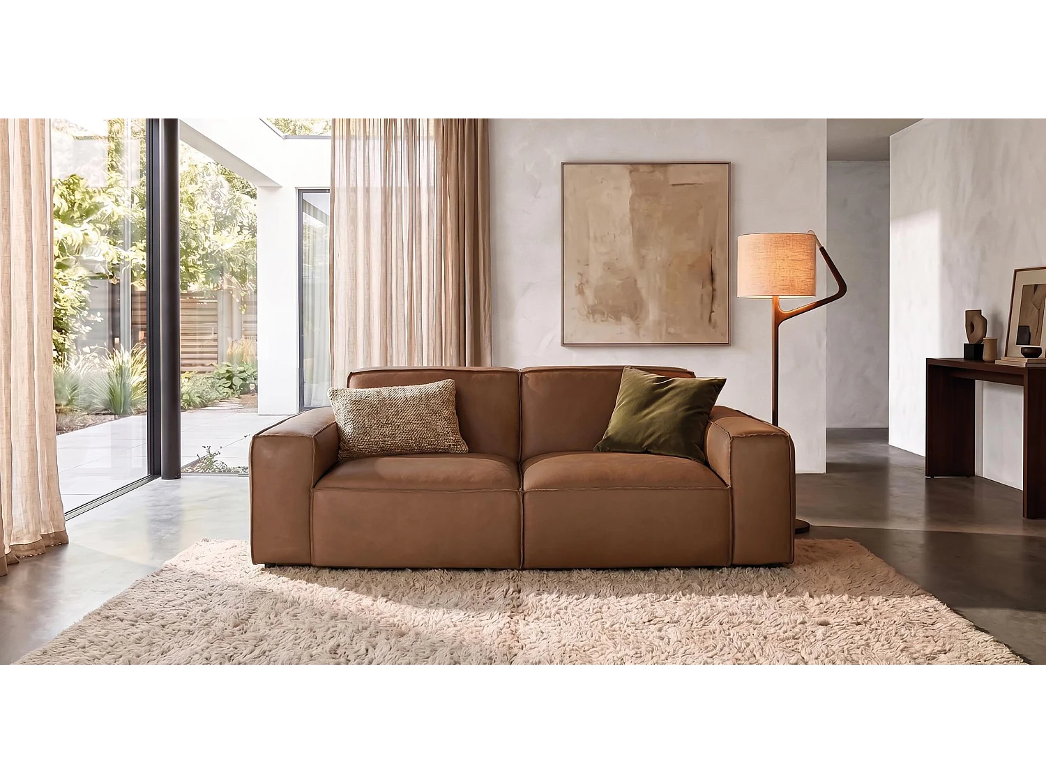 Canapé en cuir véritable avec structure en bois, 224 cm, style moderne contemporain