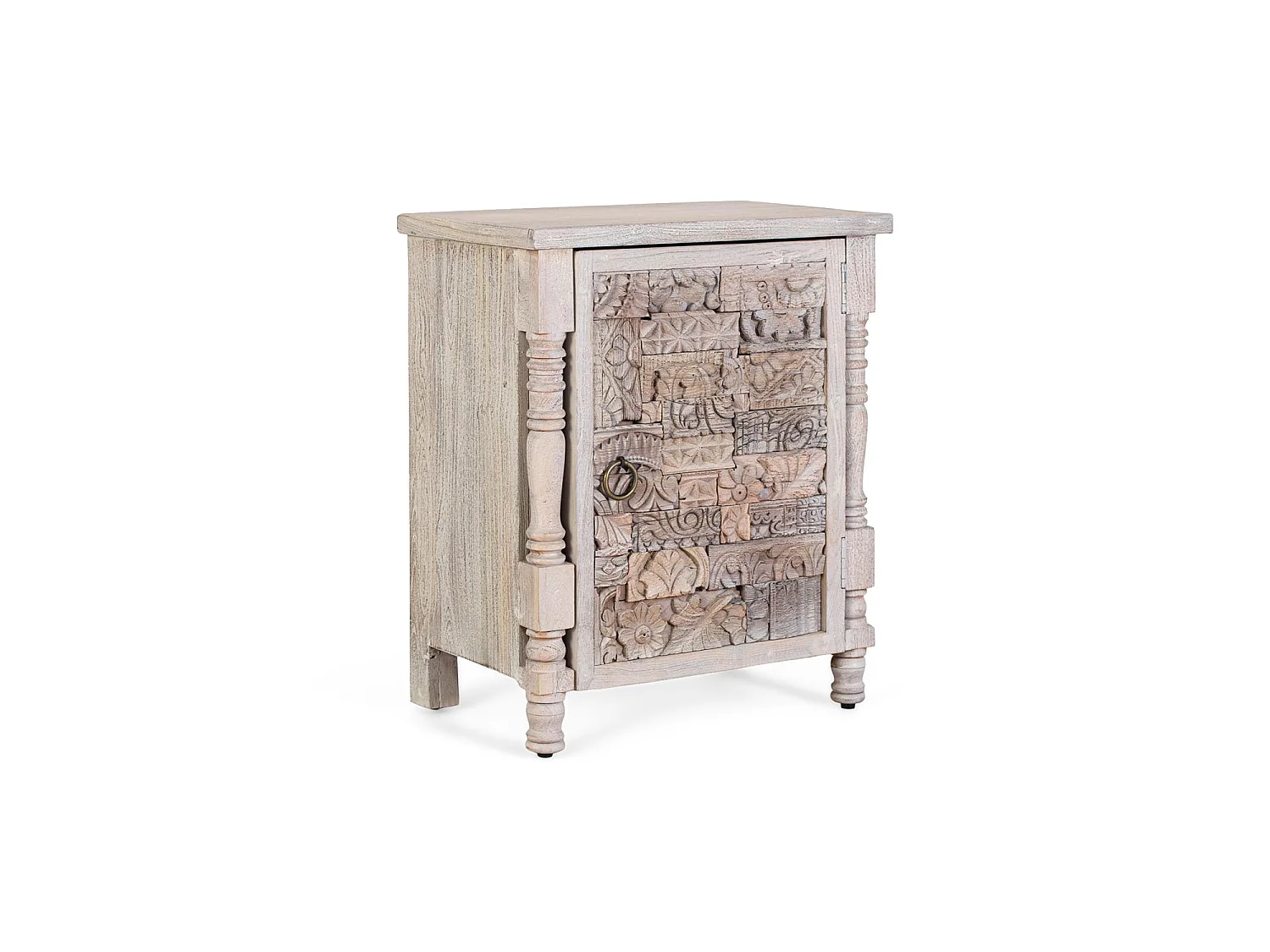 Table de chevet en chêne recyclé de 55 cm, style bohème ethnique