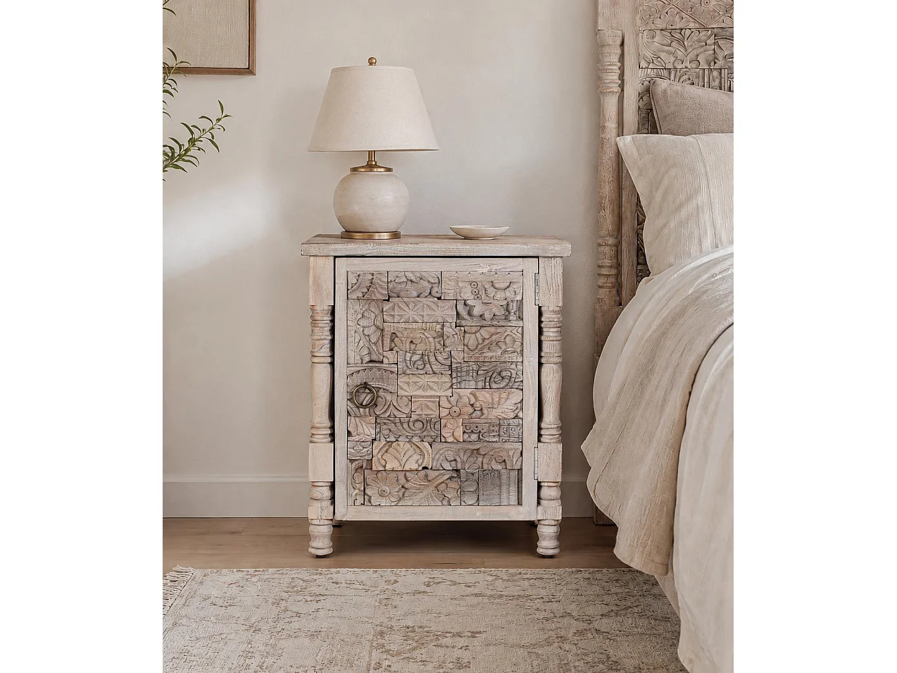 Table de chevet en chêne recyclé de 55 cm, style bohème ethnique