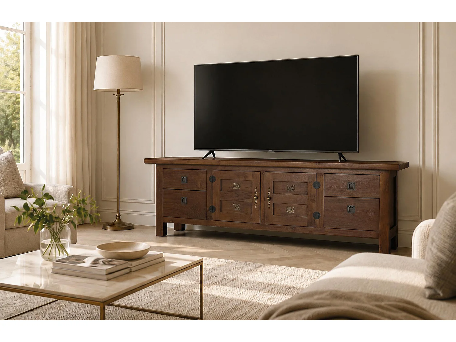 Meuble TV Altair en bois de teck, 56 cm x 185 cm x 35 cm