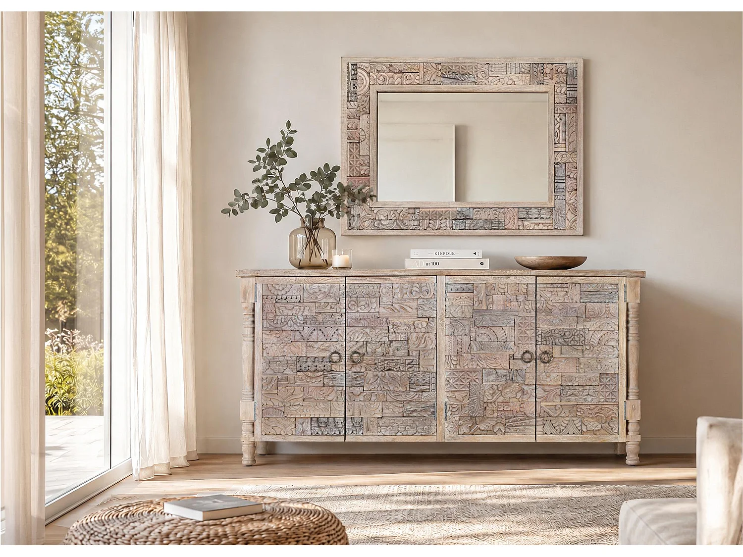 Buffet en chêne recyclé 180 cm, style bohème ethnique