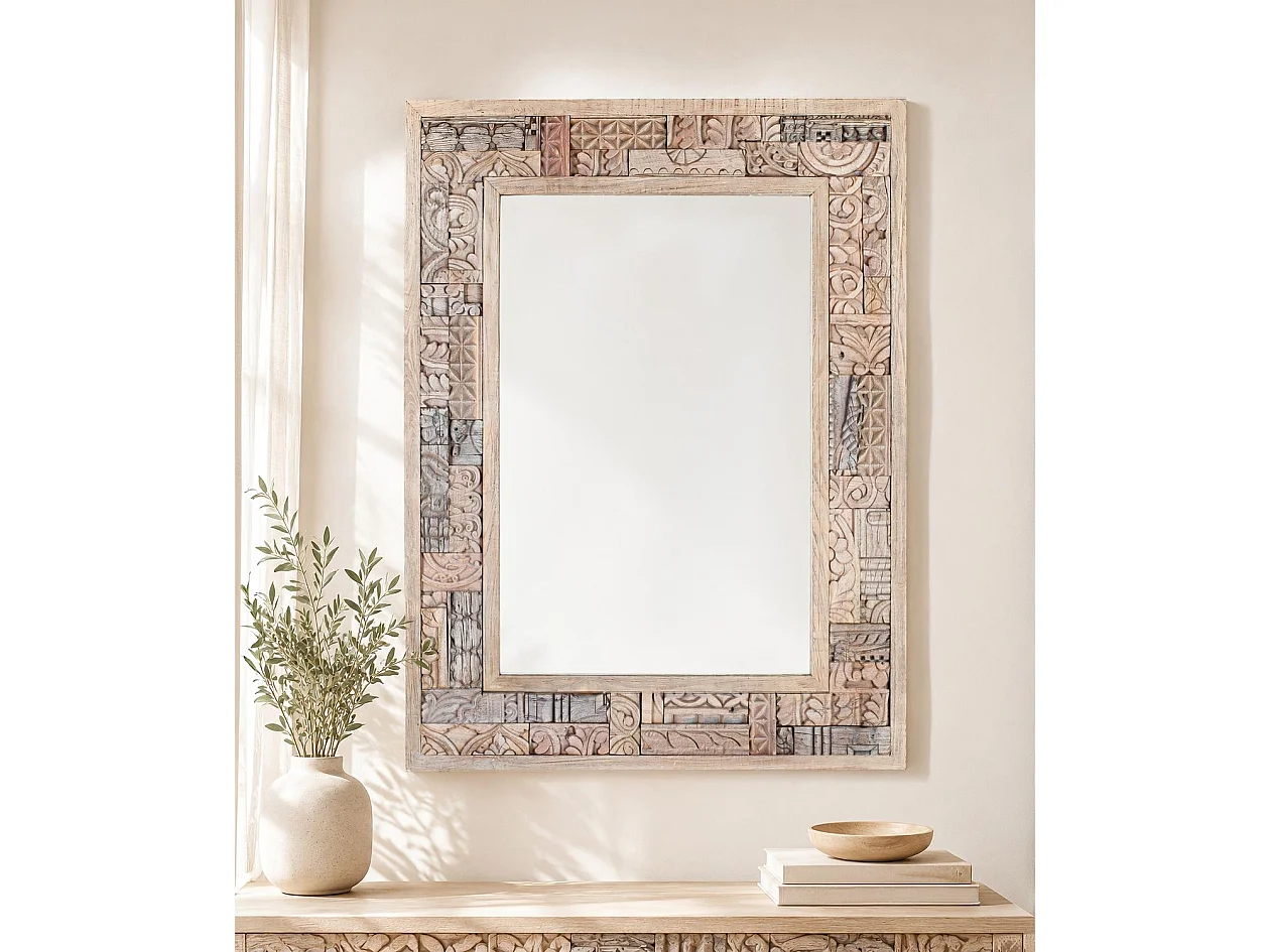 Miroir en chêne recyclé de 85 cm, style bohème ethnique