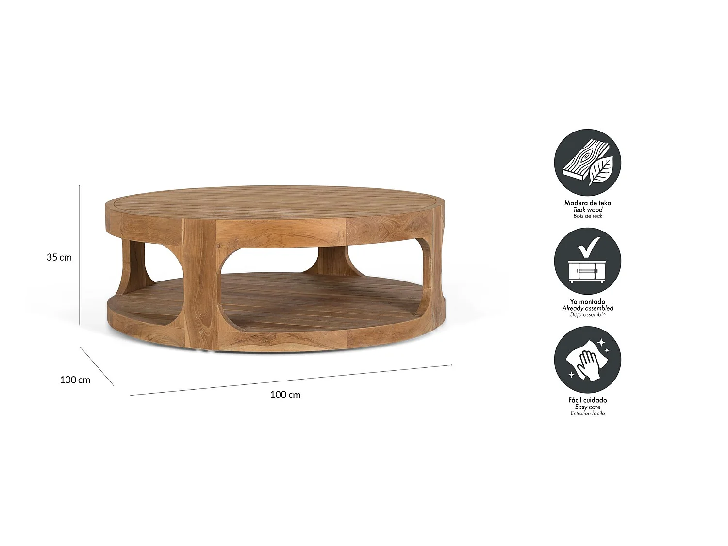Table basse en bois de teck 100 cm, style contemporain