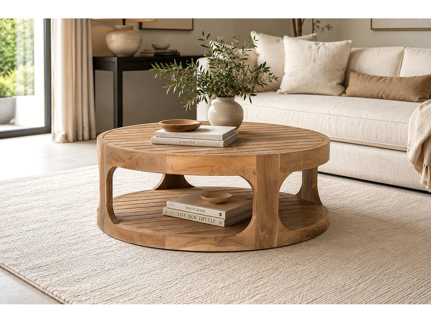 Table basse en bois de teck 100 cm, style contemporain