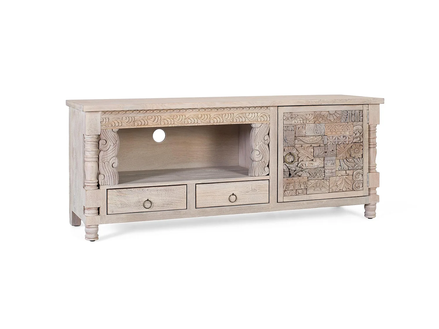 Meuble TV en chêne recyclé 150 cm, style bohème ethnique