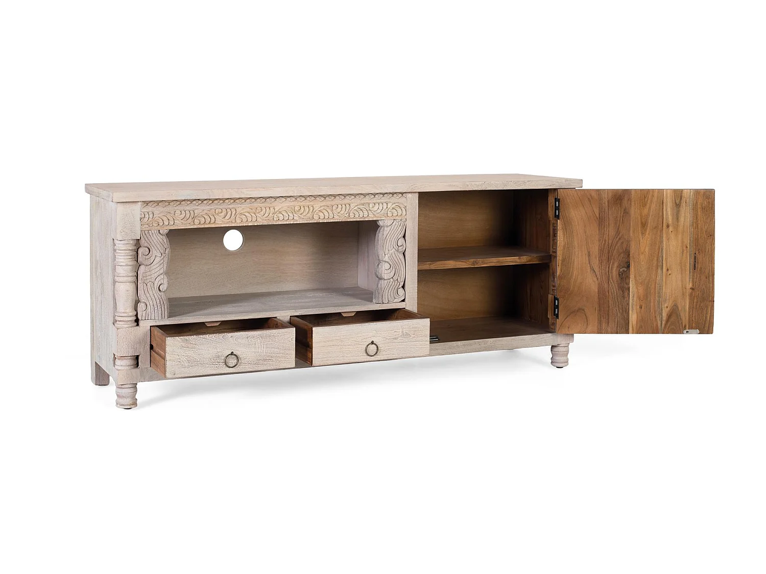 Meuble TV en chêne recyclé 150 cm, style bohème ethnique
