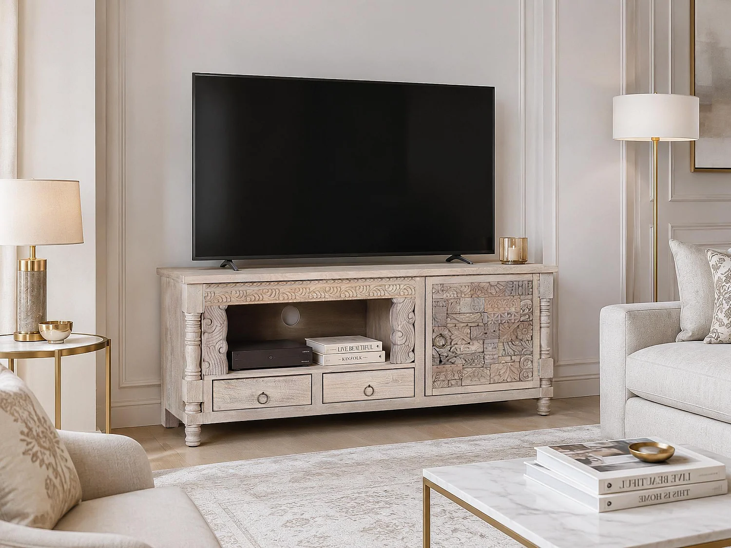 Meuble TV en chêne recyclé 150 cm, style bohème ethnique