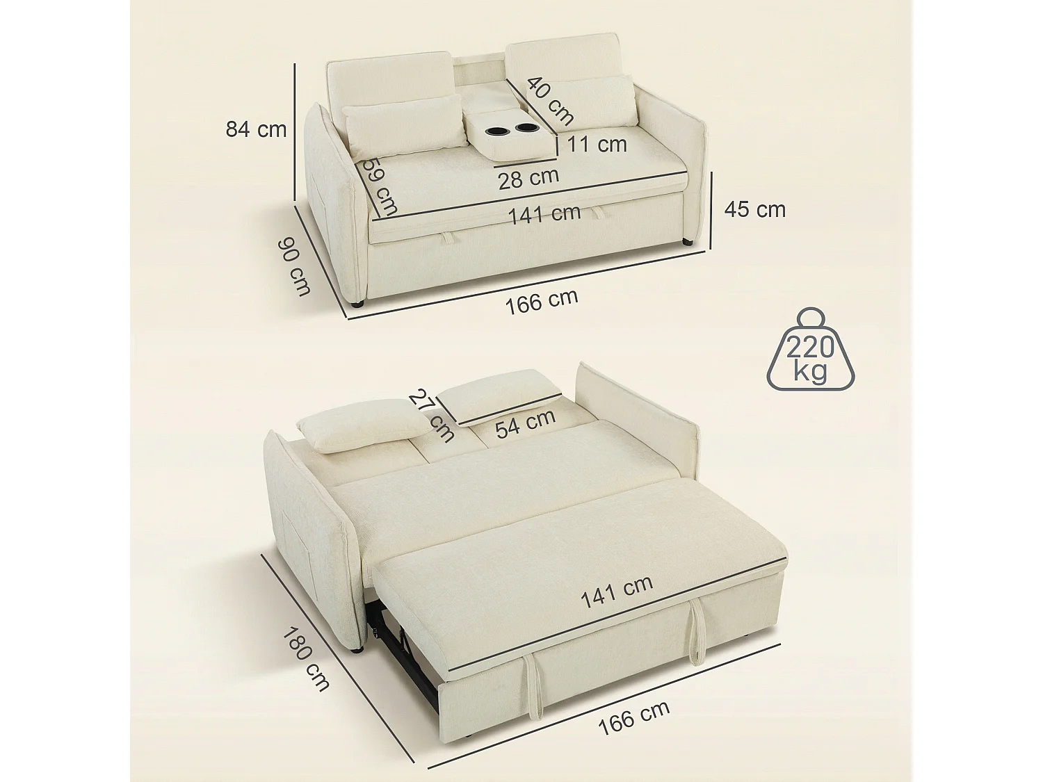 Canapé convertible 2 places inclinable porte-gobelets chenille beige