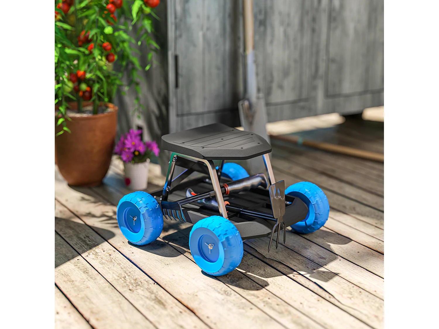 Tabouret de jardinage - siège de jardin sur roues - plateau à outils intégré - bleu noir