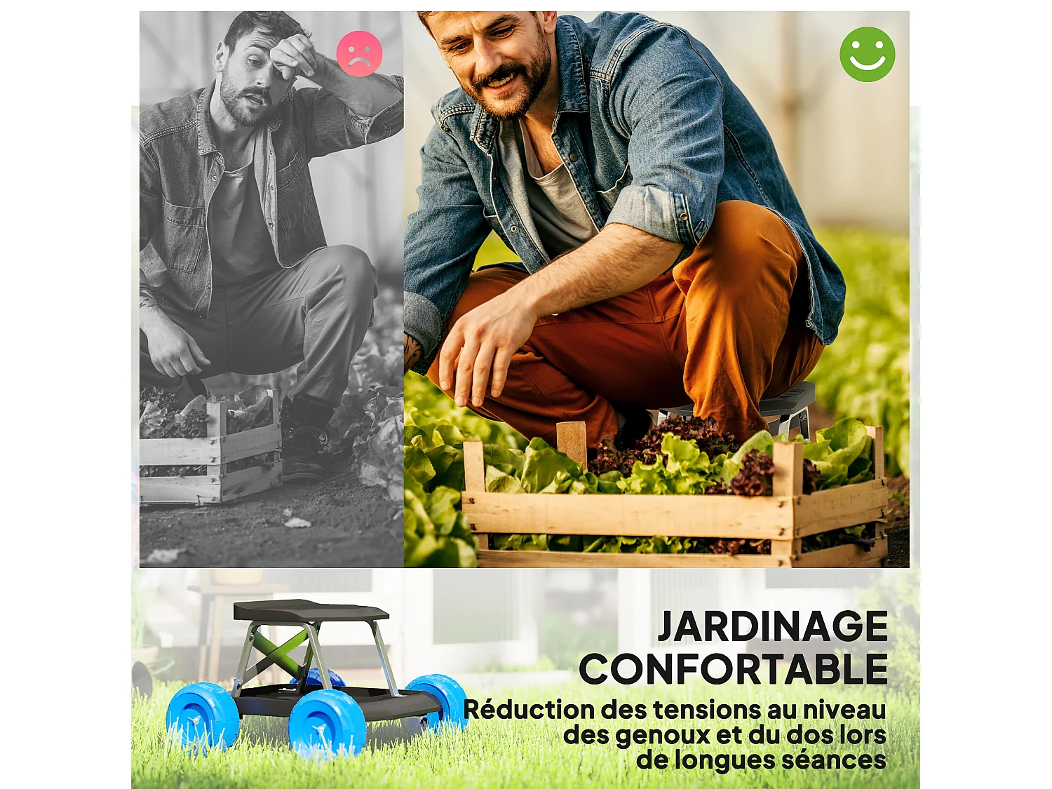 Tabouret de jardinage - siège de jardin sur roues - plateau à outils intégré - bleu noir