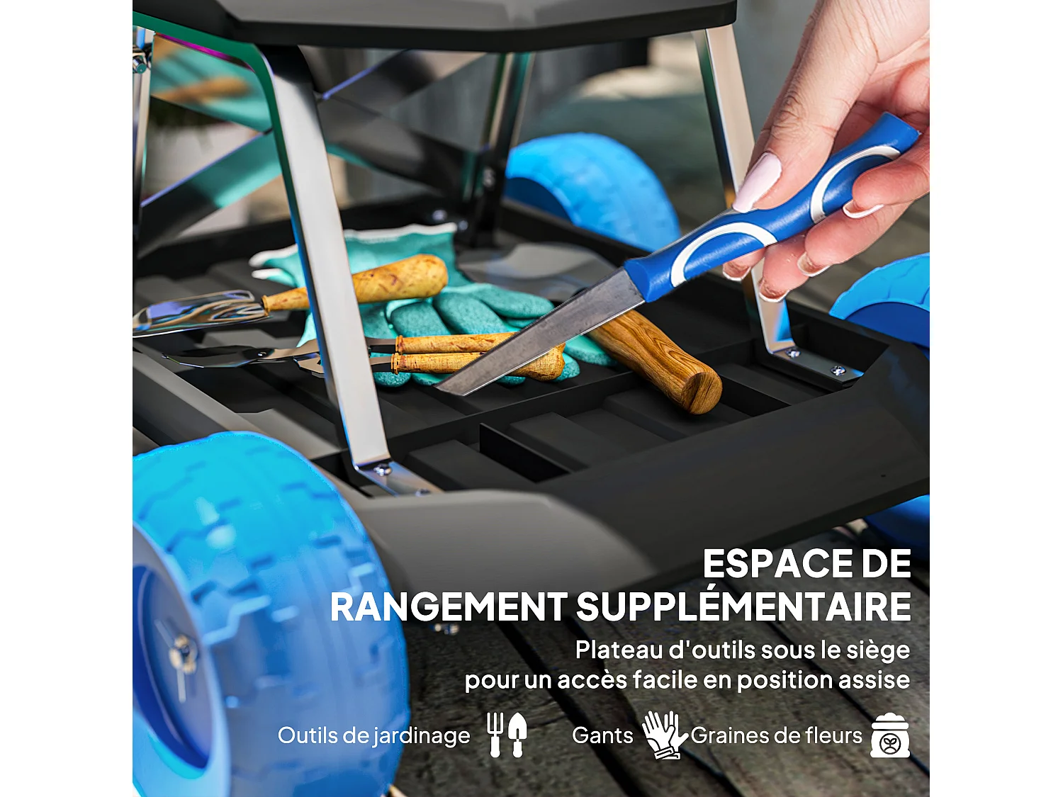Tabouret de jardinage - siège de jardin sur roues - plateau à outils intégré - bleu noir