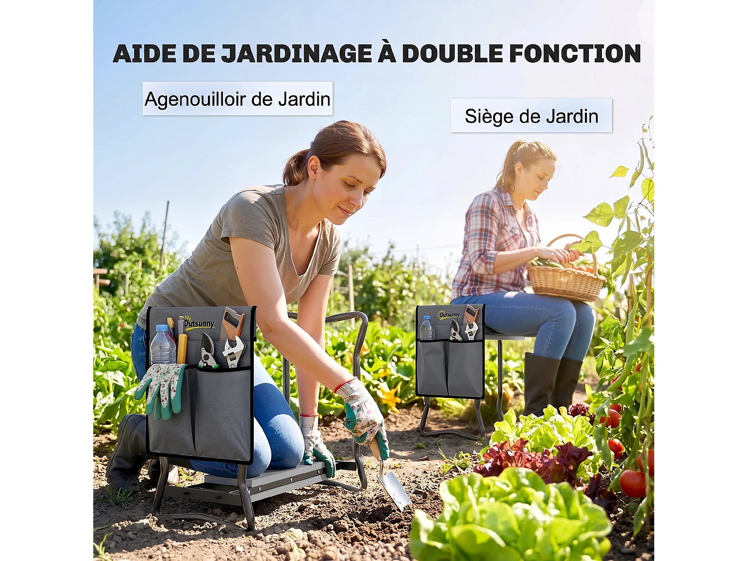 Tabouret de jardin pliable agenouilloir de jardin siège jardinage avec coussin pochette rangement outils gris