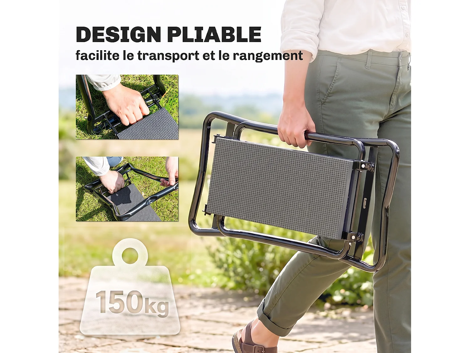 Tabouret de jardin pliable agenouilloir de jardin siège jardinage avec coussin pochette rangement outils gris