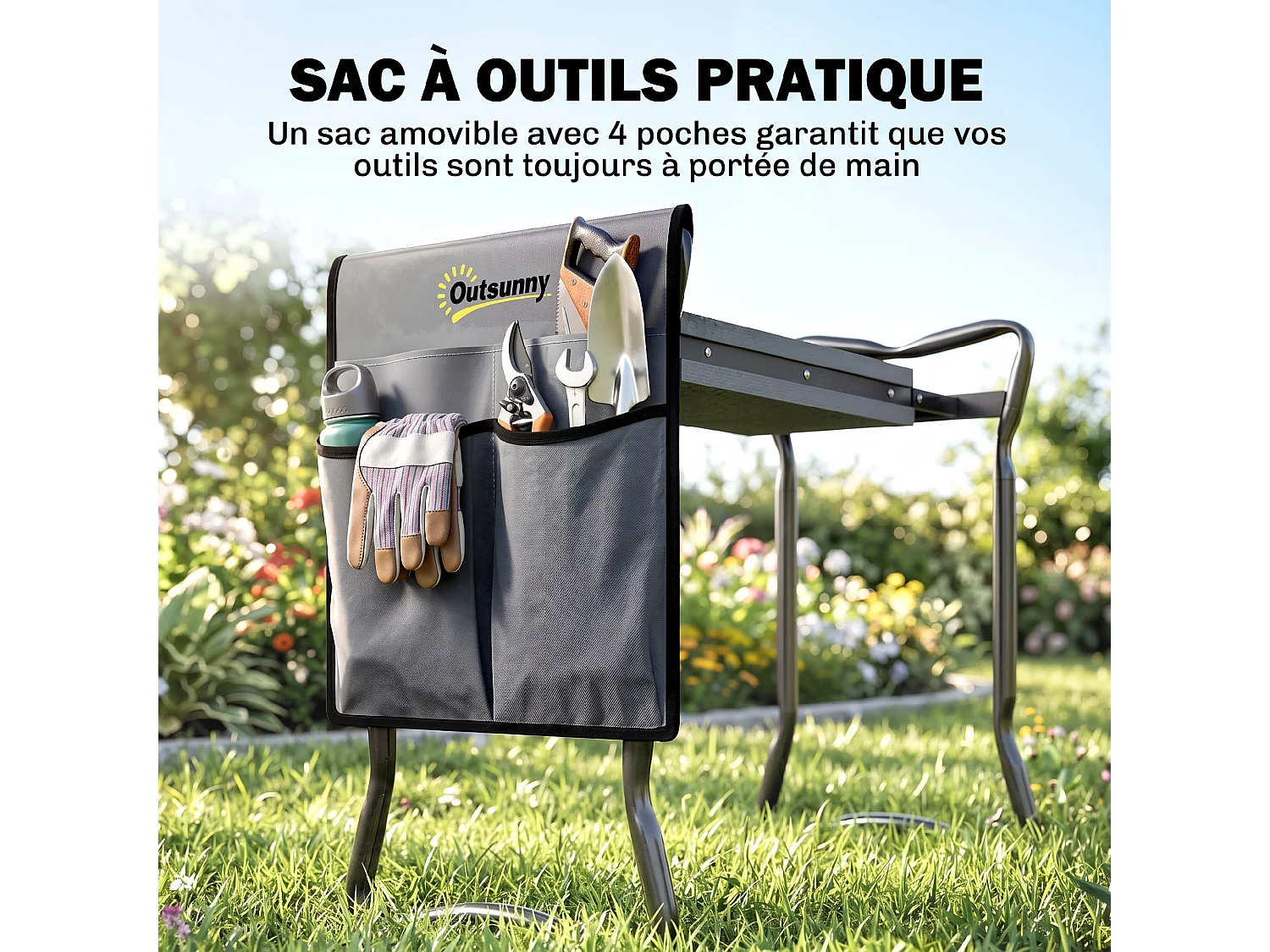 Tabouret de jardin pliable agenouilloir de jardin siège jardinage avec coussin pochette rangement outils gris