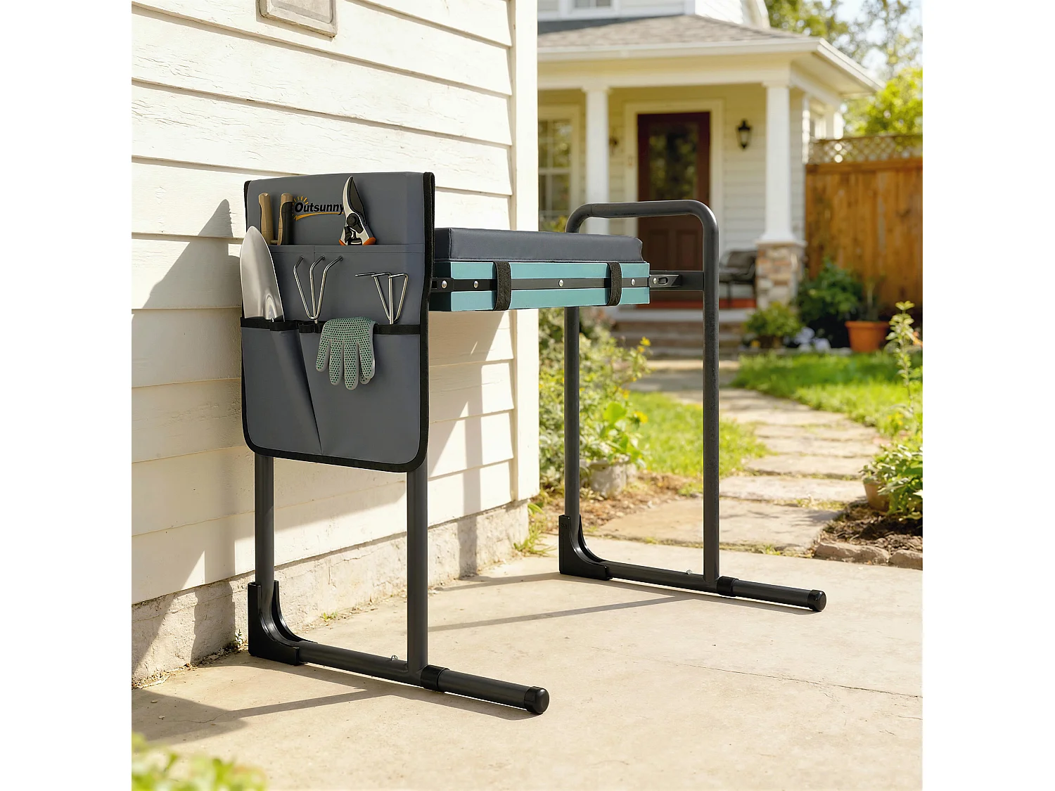 Tabouret de jardin pliable agenouilloir de jardin 2 en 1 pochette rangement outils gris vert