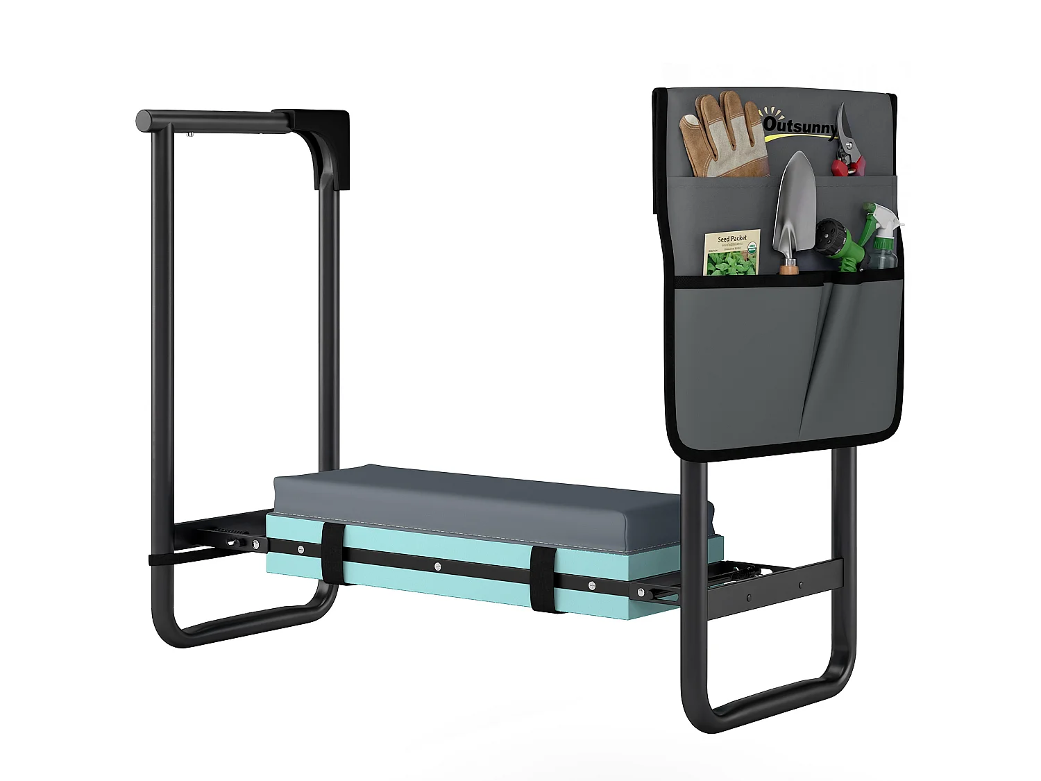 Tabouret de jardin pliable agenouilloir de jardin 2 en 1 pochette rangement outils gris vert