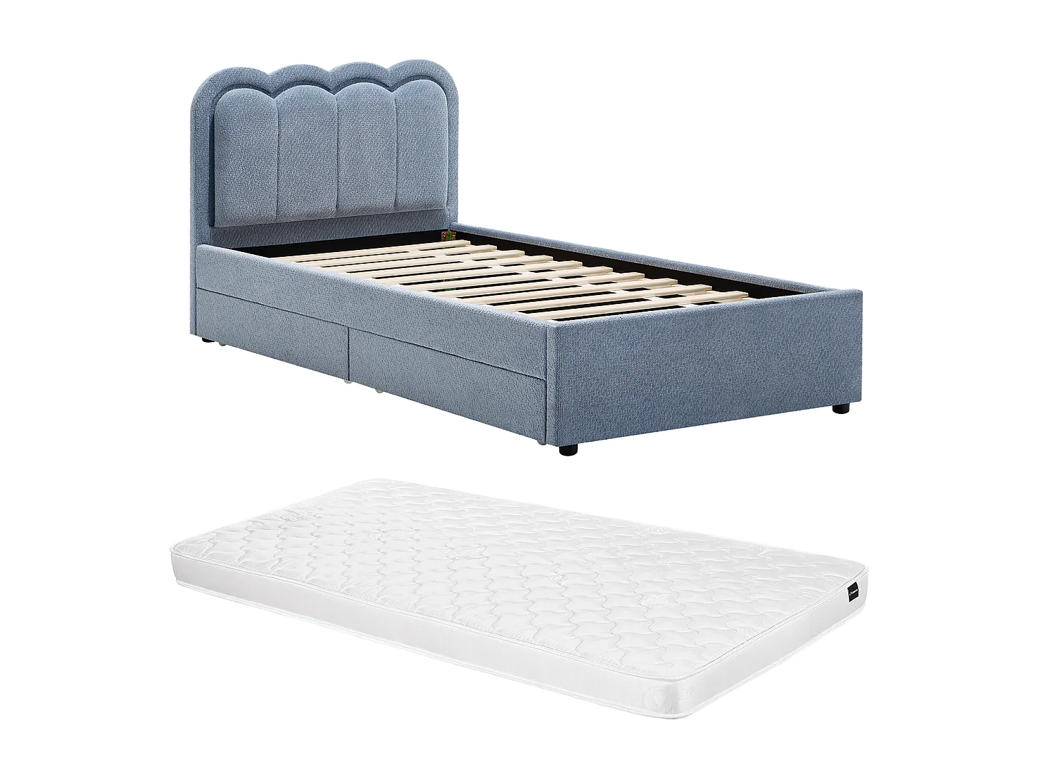 Lit 90 x 190 cm avec 2 tiroirs - Avec LEDs - Tissu chenille - Bleu clair + Matelas - NESTIAKO