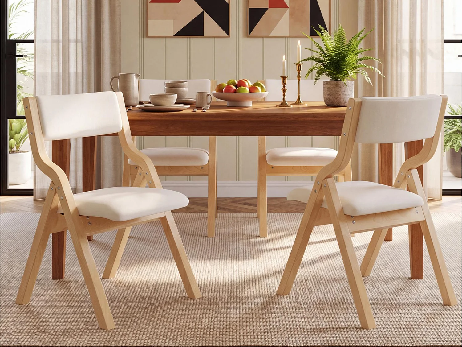 Lot de 6 chaises de salle à manger pliantes - pieds de chaise en bois massif - tissu de lin - confortable et respirant - Beige