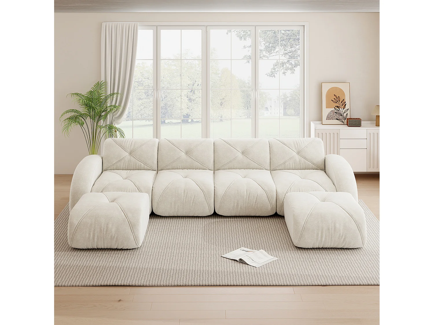 Canapé d'Angle Modulaire 4 Places avec 2 Poufs en Chenille, Design Minimaliste sans Cadre, Assise Profonde et Flexible - Blanc