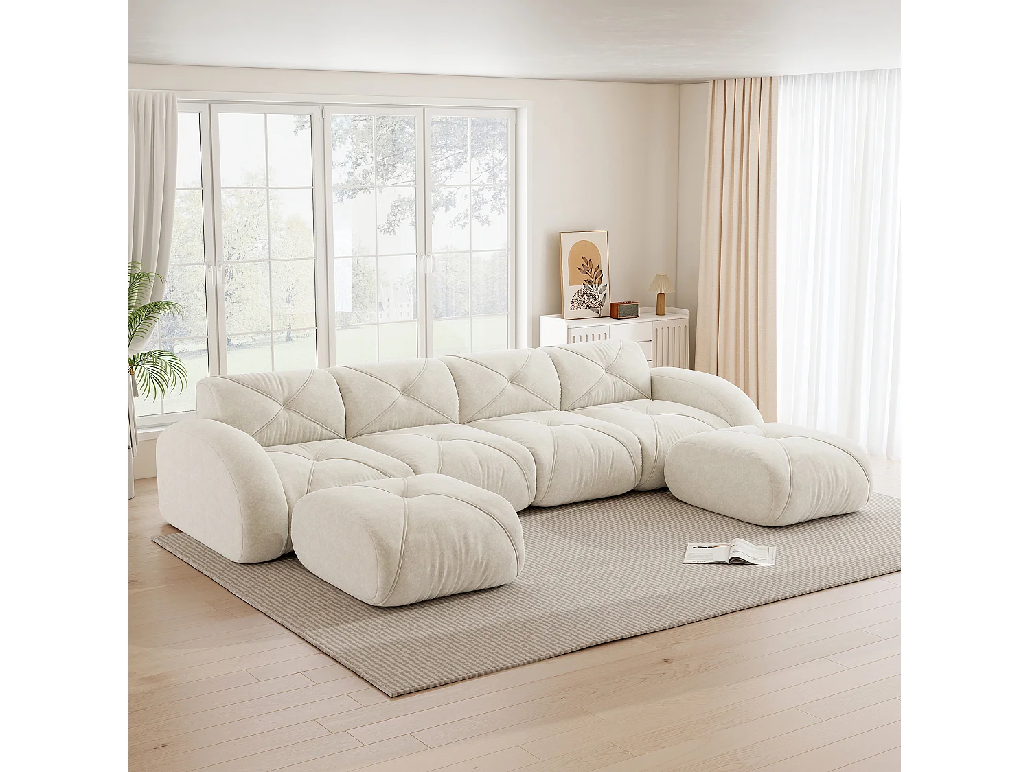 Canapé d'Angle Modulaire 4 Places avec 2 Poufs en Chenille, Design Minimaliste sans Cadre, Assise Profonde et Flexible - Blanc