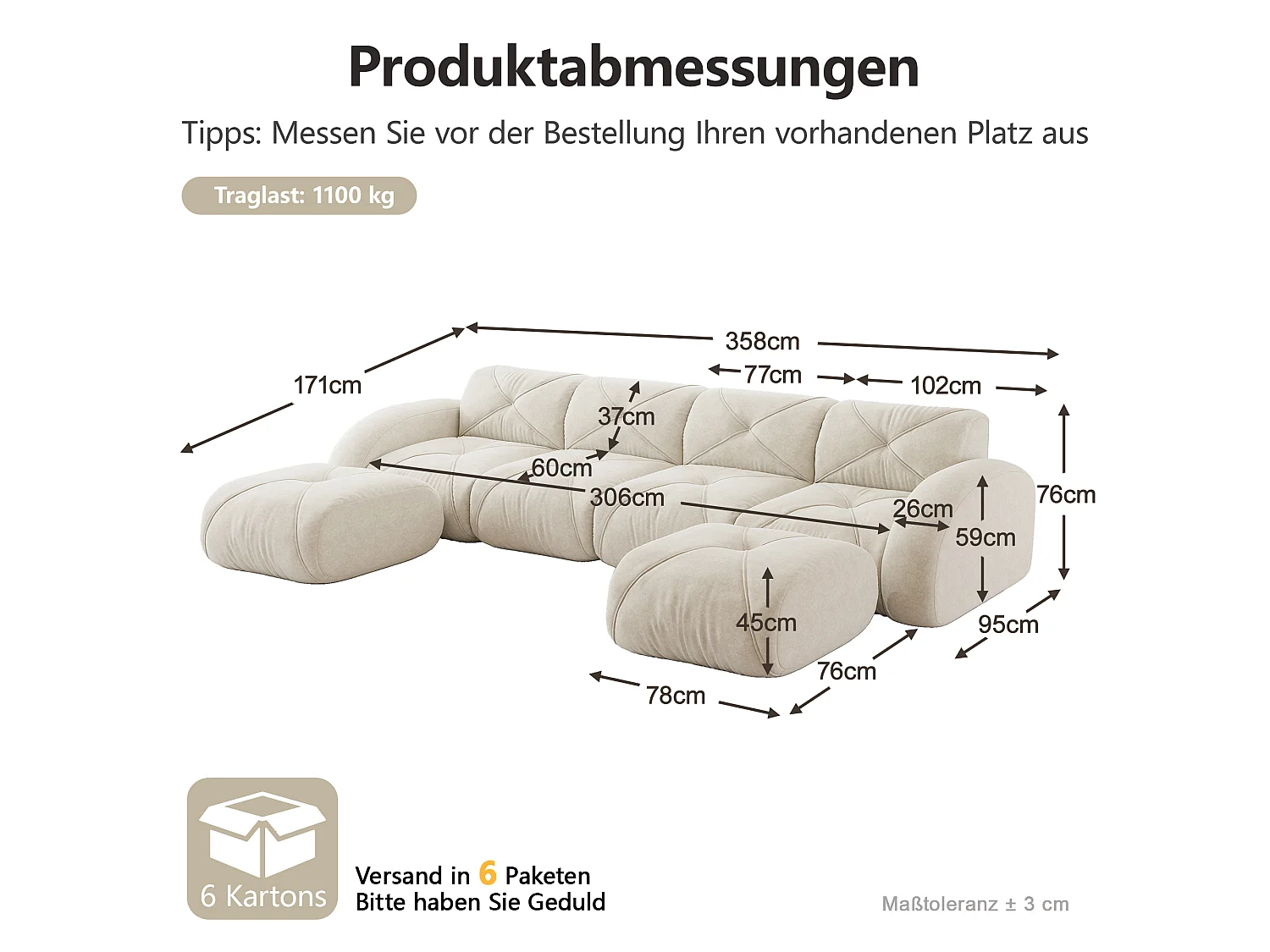 Canapé d'Angle Modulaire 4 Places avec 2 Poufs en Chenille, Design Minimaliste sans Cadre, Assise Profonde et Flexible - Blanc