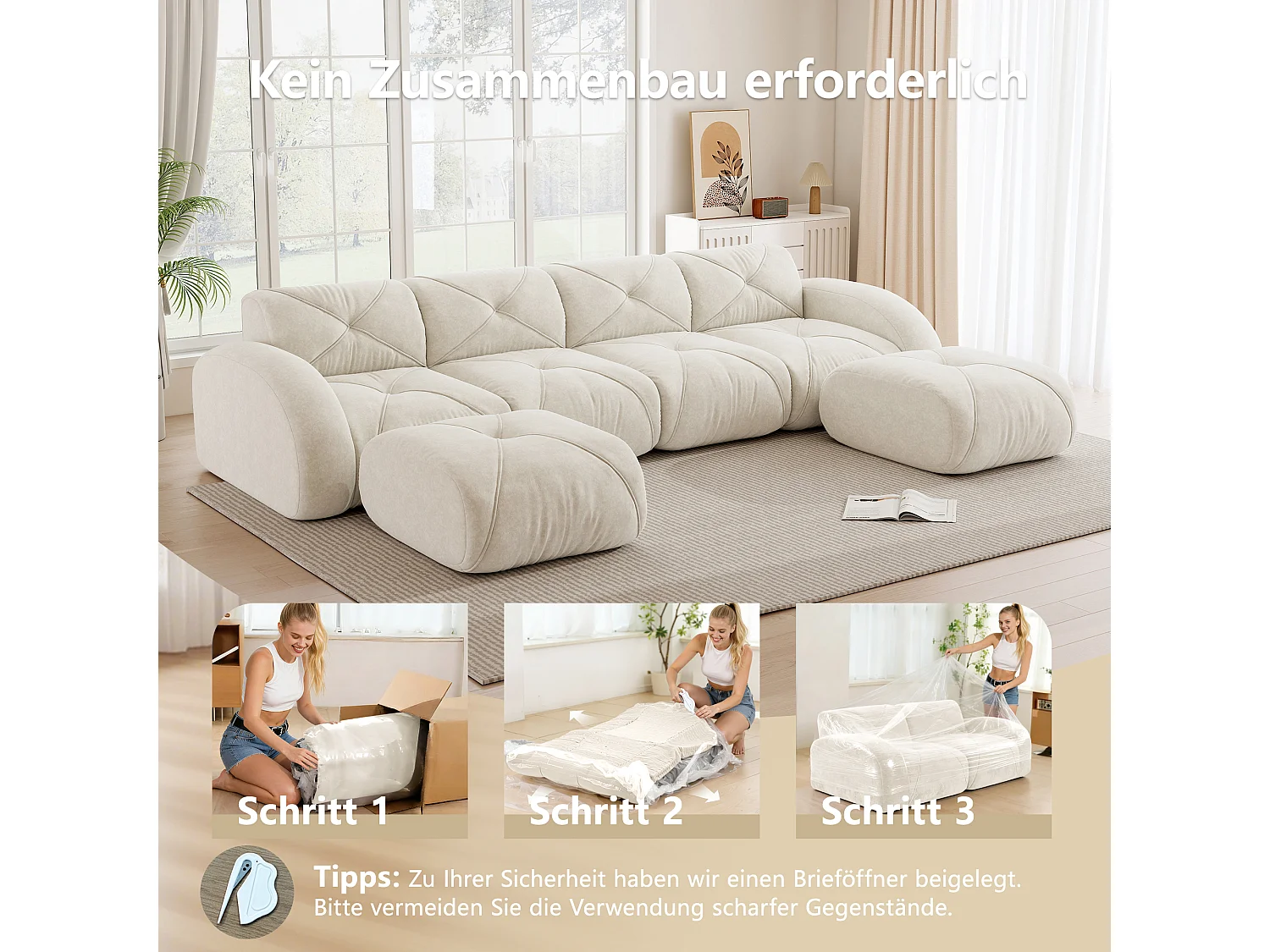 Canapé d'Angle Modulaire 4 Places avec 2 Poufs en Chenille, Design Minimaliste sans Cadre, Assise Profonde et Flexible - Blanc