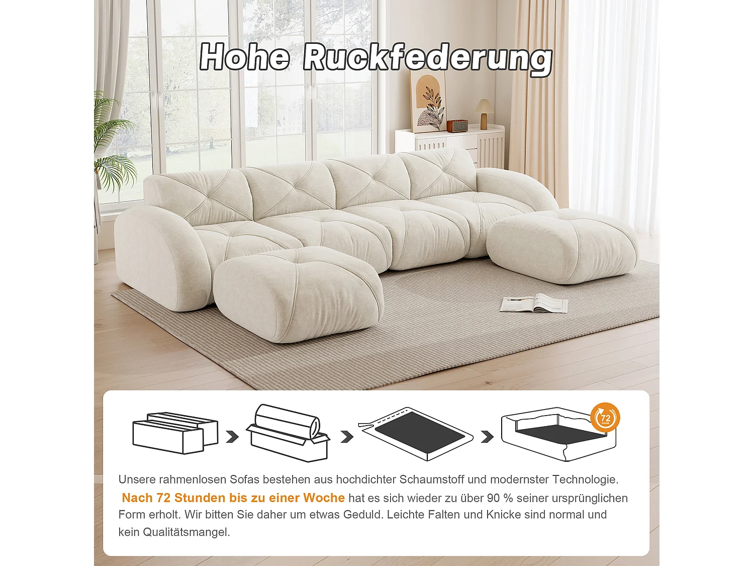 Canapé d'Angle Modulaire 4 Places avec 2 Poufs en Chenille, Design Minimaliste sans Cadre, Assise Profonde et Flexible - Blanc