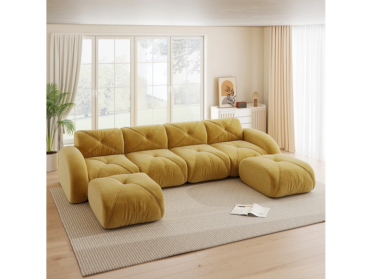Canapé d'Angle Modulaire 4 Places avec 2 Poufs en Chenille, Design Minimaliste sans Cadre, Assise Profonde et Flexible - Jaune