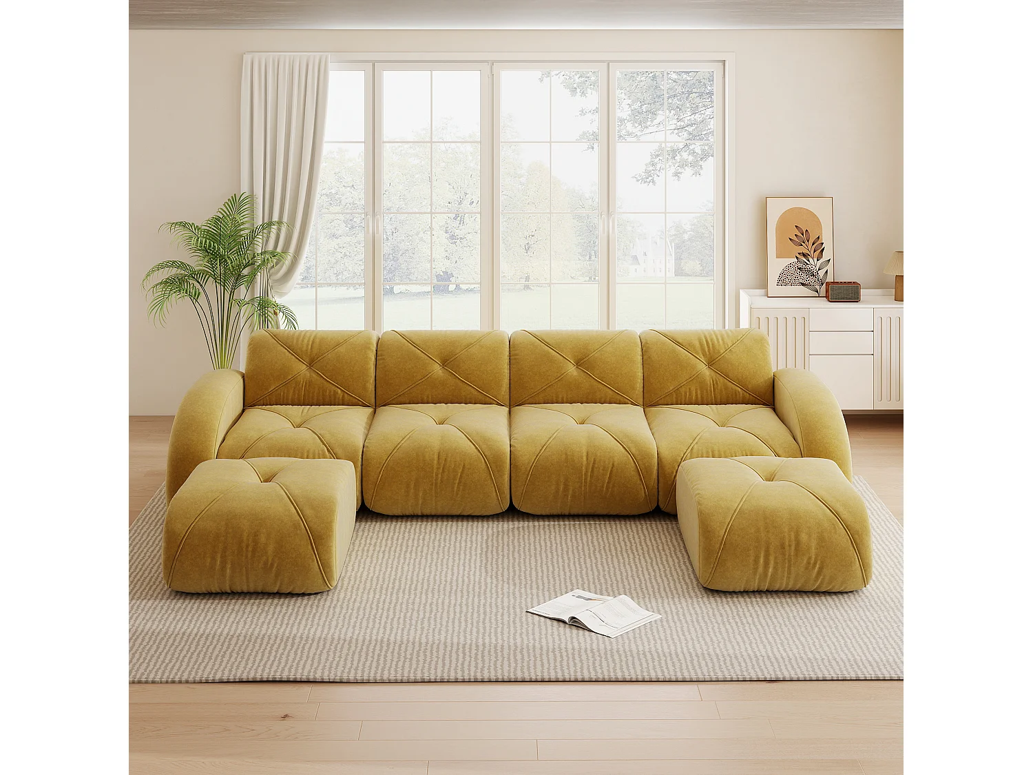 Canapé d'Angle Modulaire 4 Places avec 2 Poufs en Chenille, Design Minimaliste sans Cadre, Assise Profonde et Flexible - Jaune