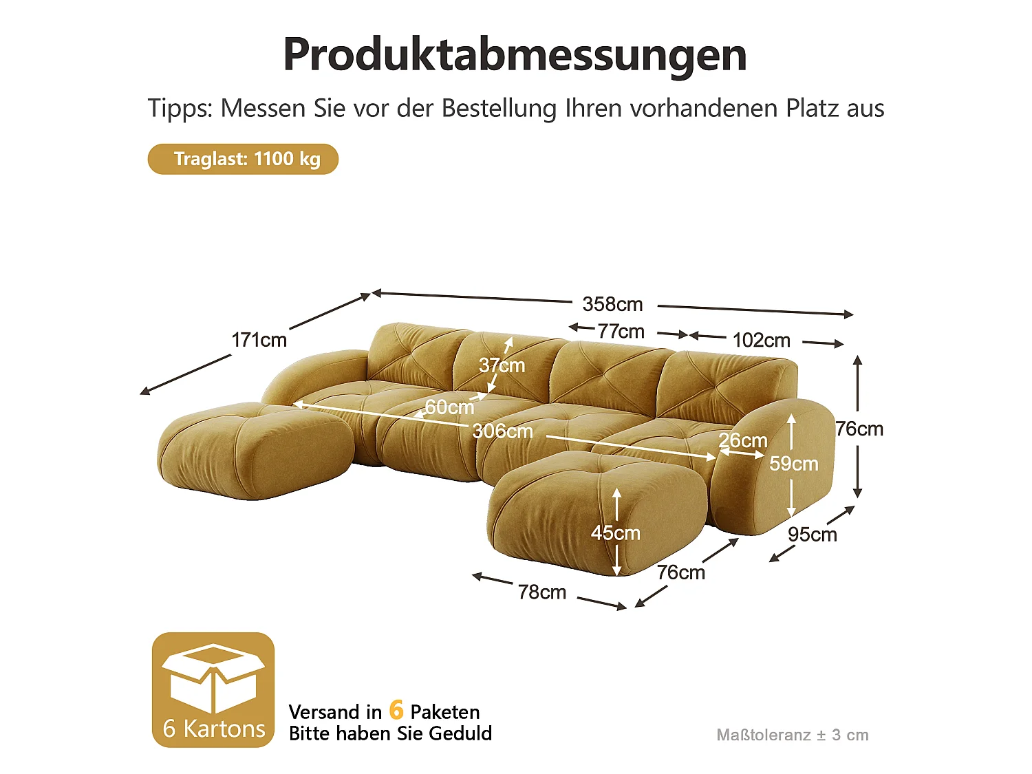 Canapé d'Angle Modulaire 4 Places avec 2 Poufs en Chenille, Design Minimaliste sans Cadre, Assise Profonde et Flexible - Jaune
