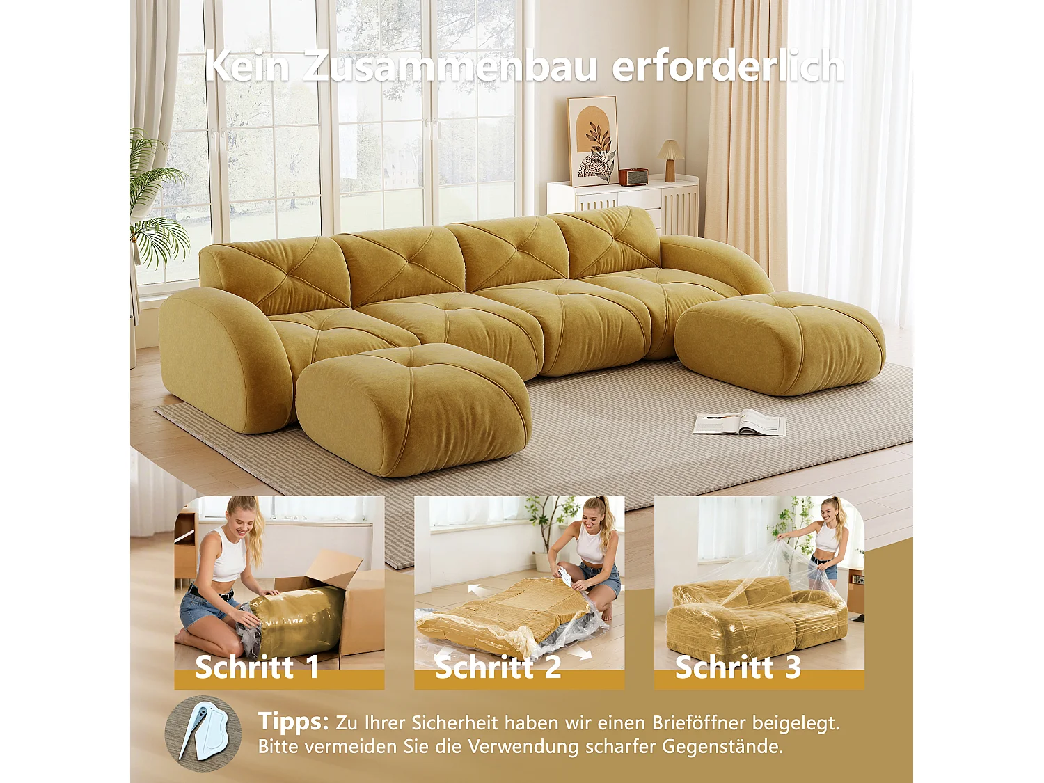 Canapé d'Angle Modulaire 4 Places avec 2 Poufs en Chenille, Design Minimaliste sans Cadre, Assise Profonde et Flexible - Jaune