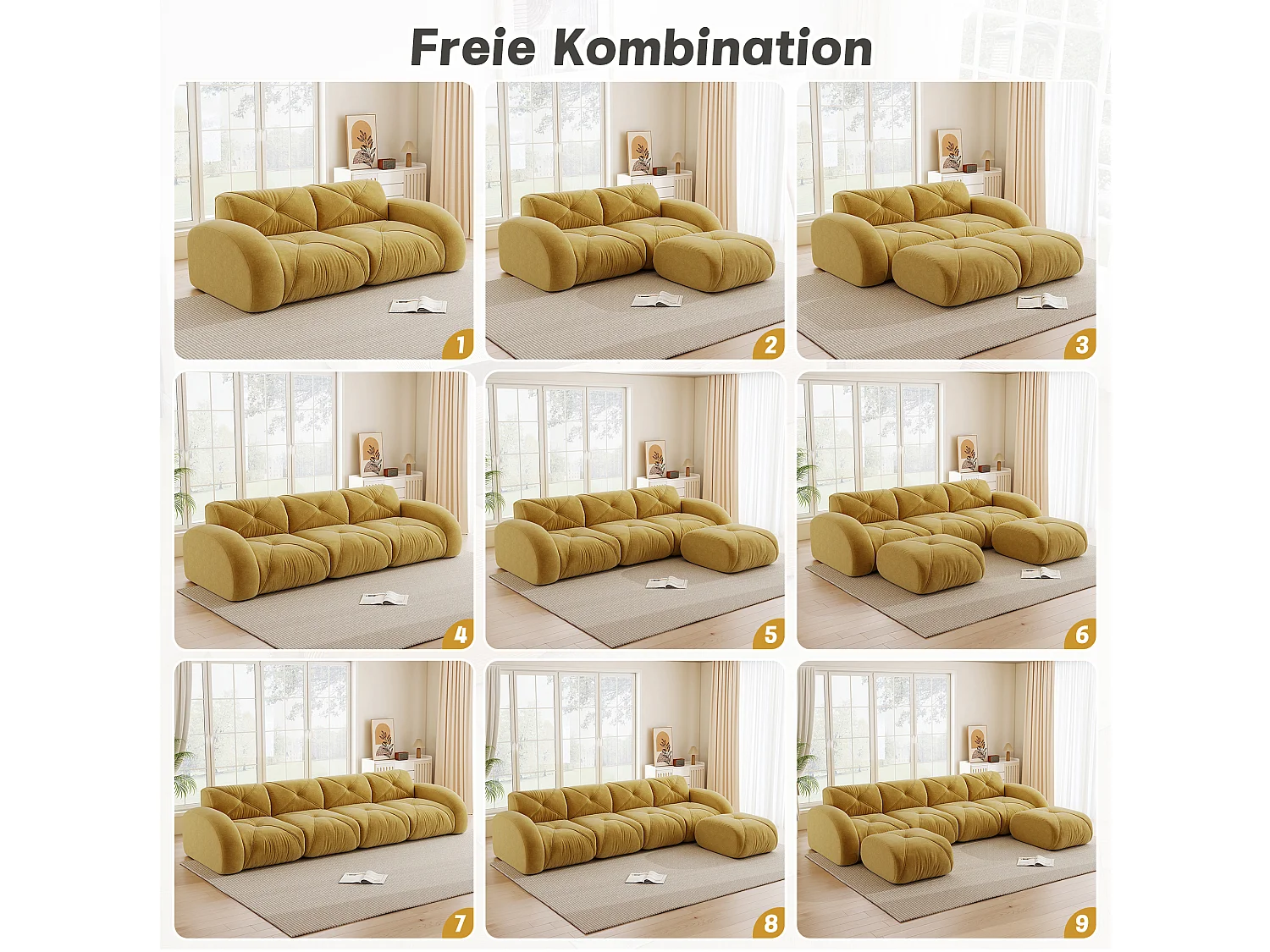 Canapé d'Angle Modulaire 4 Places avec 2 Poufs en Chenille, Design Minimaliste sans Cadre, Assise Profonde et Flexible - Jaune