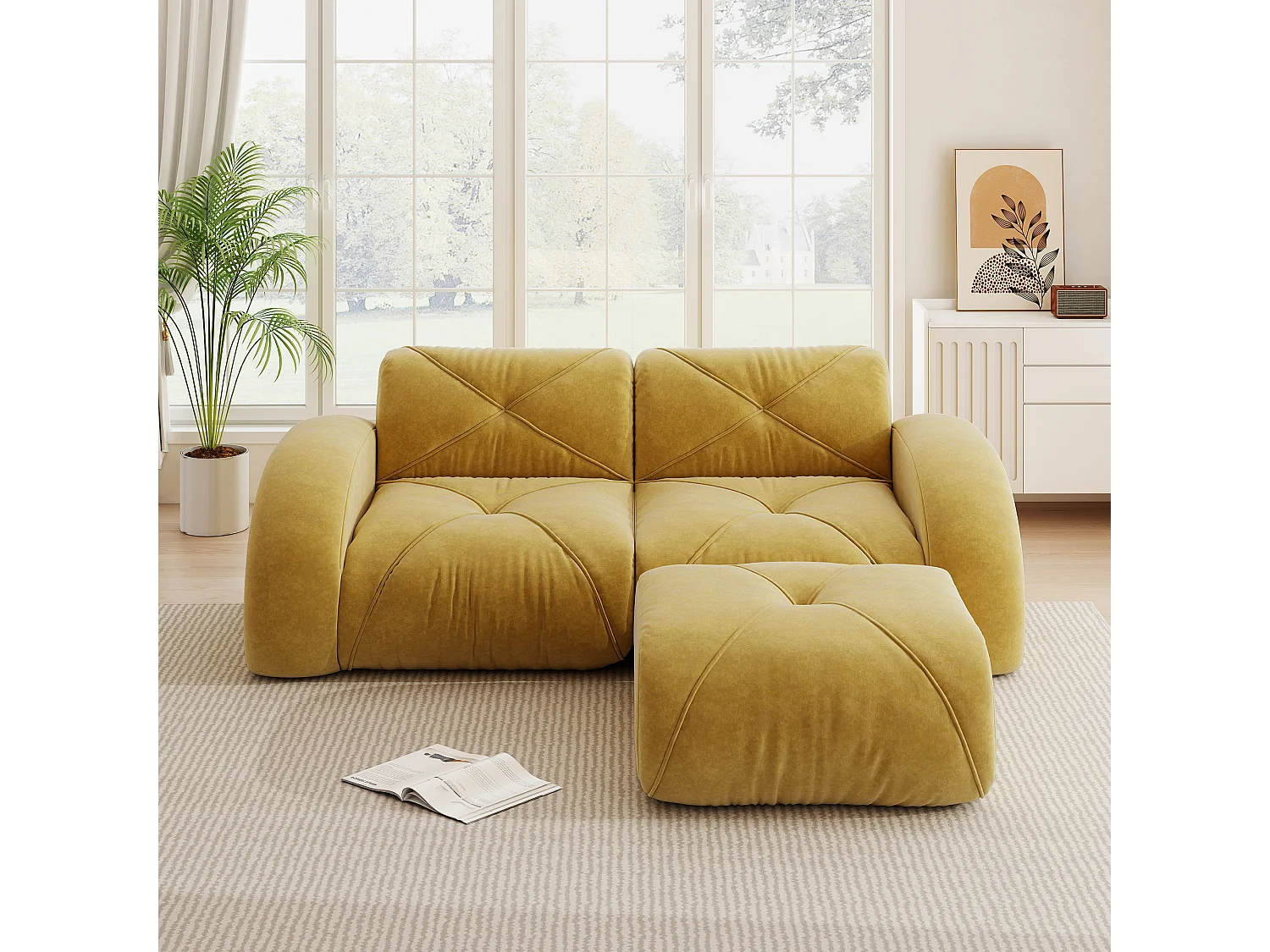 Canapé d'Angle Modulaire 2 Places avec Pouf en Chenille, Design Minimaliste sans Cadre, Assise Profonde et Flexible - Jaune