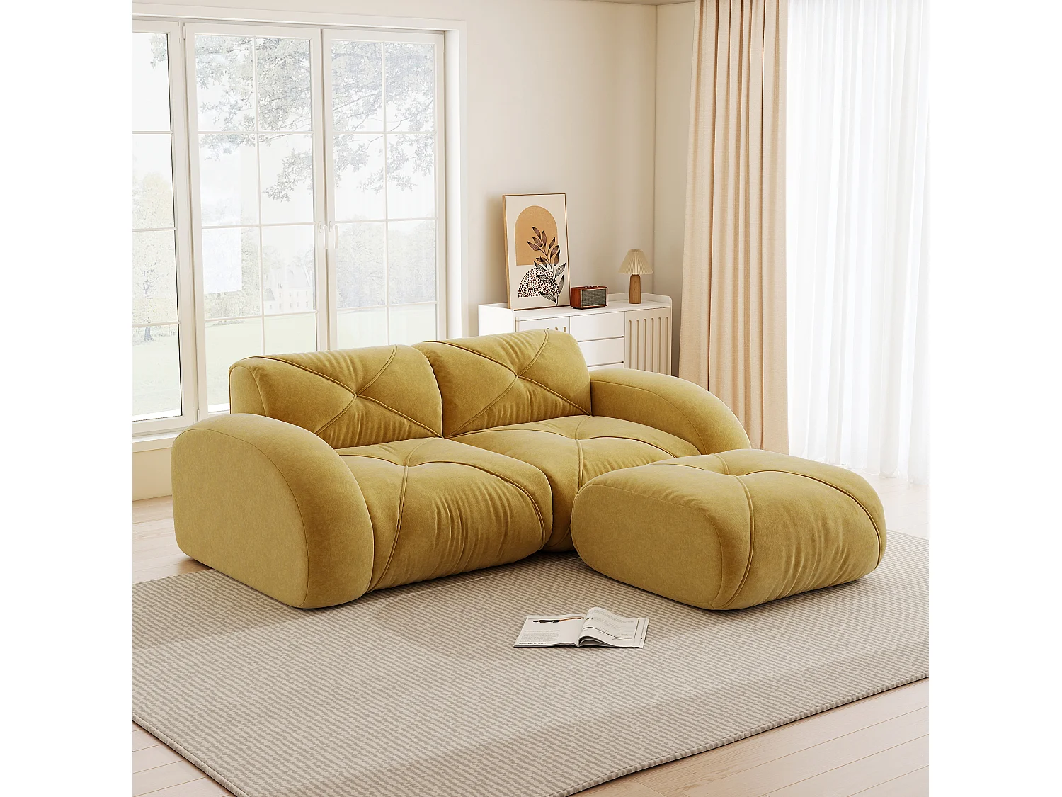 Canapé d'Angle Modulaire 2 Places avec Pouf en Chenille, Design Minimaliste sans Cadre, Assise Profonde et Flexible - Jaune