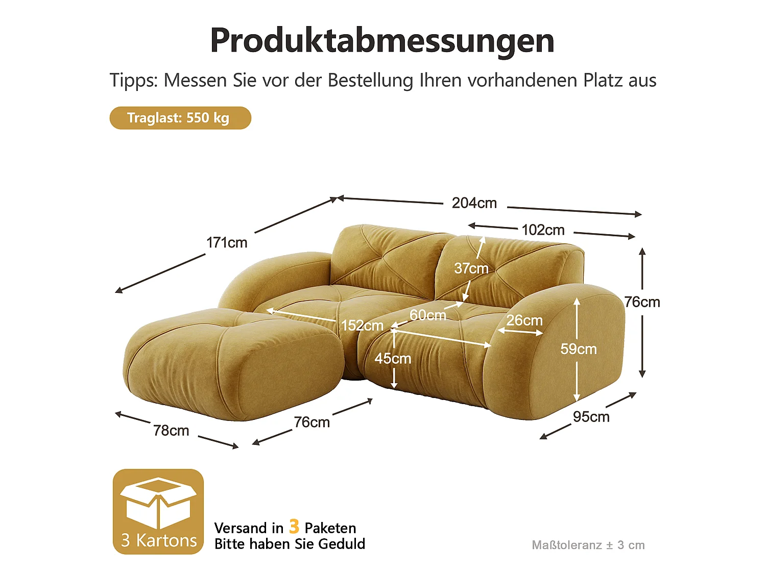 Canapé d'Angle Modulaire 2 Places avec Pouf en Chenille, Design Minimaliste sans Cadre, Assise Profonde et Flexible - Jaune