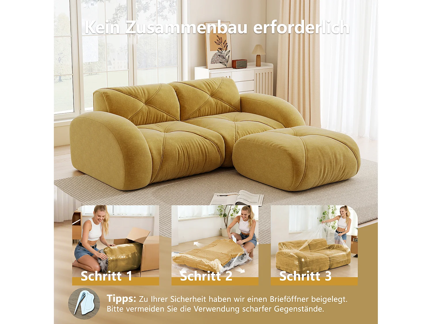 Canapé d'Angle Modulaire 2 Places avec Pouf en Chenille, Design Minimaliste sans Cadre, Assise Profonde et Flexible - Jaune