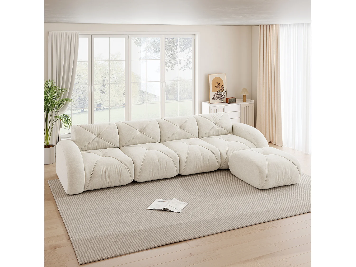 Canapé d'Angle Modulaire 4 Places avec Pouf en Chenille, Design Minimaliste sans Cadre, Assise Profonde et Flexible - Blanc