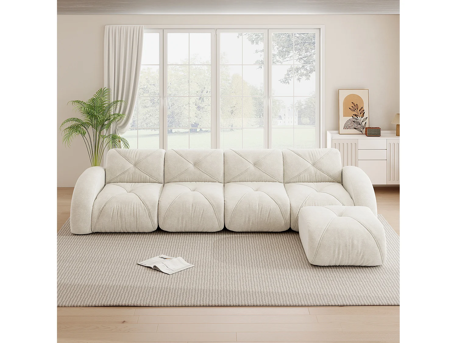 Canapé d'Angle Modulaire 4 Places avec Pouf en Chenille, Design Minimaliste sans Cadre, Assise Profonde et Flexible - Blanc