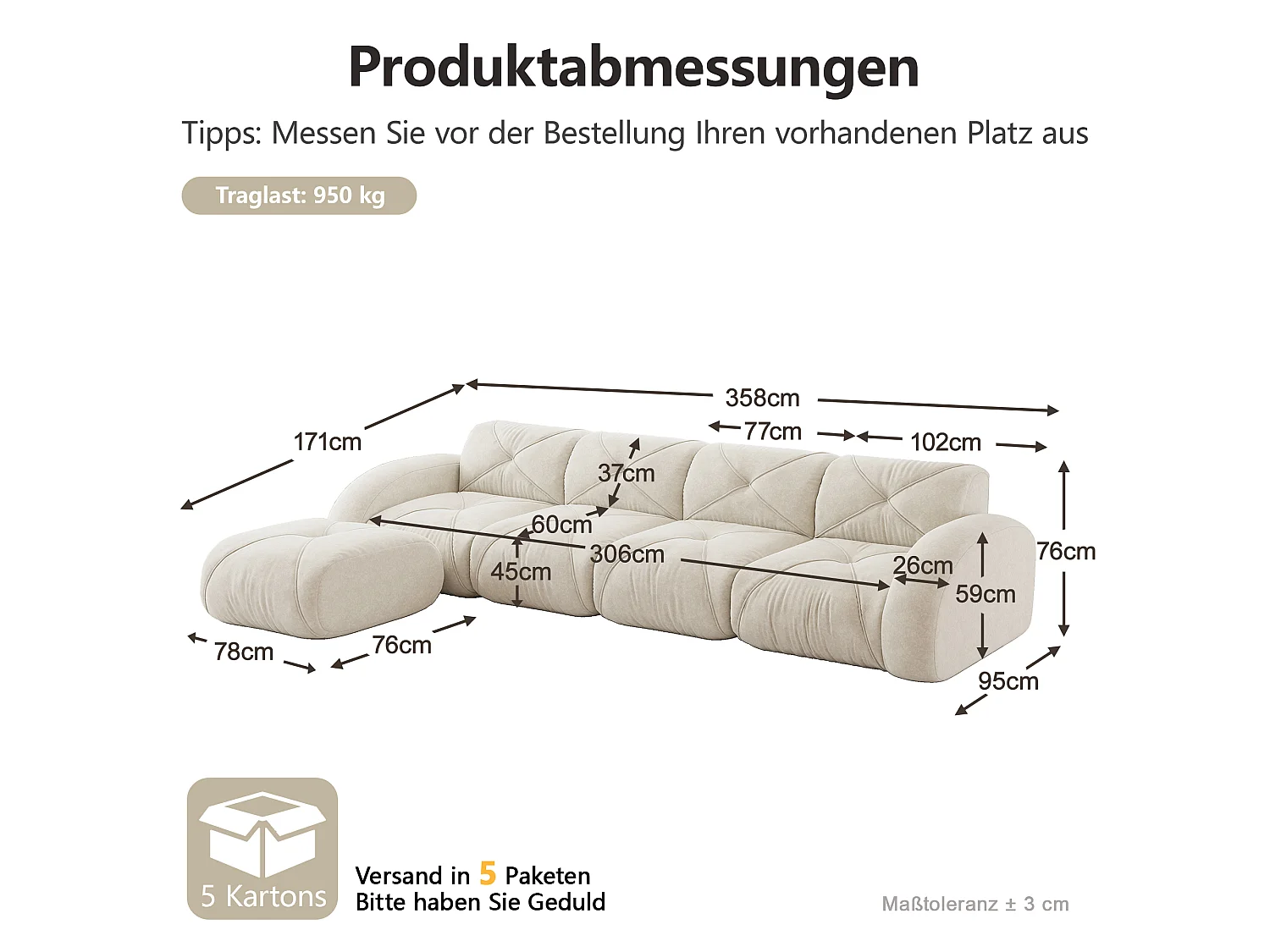Canapé d'Angle Modulaire 4 Places avec Pouf en Chenille, Design Minimaliste sans Cadre, Assise Profonde et Flexible - Blanc