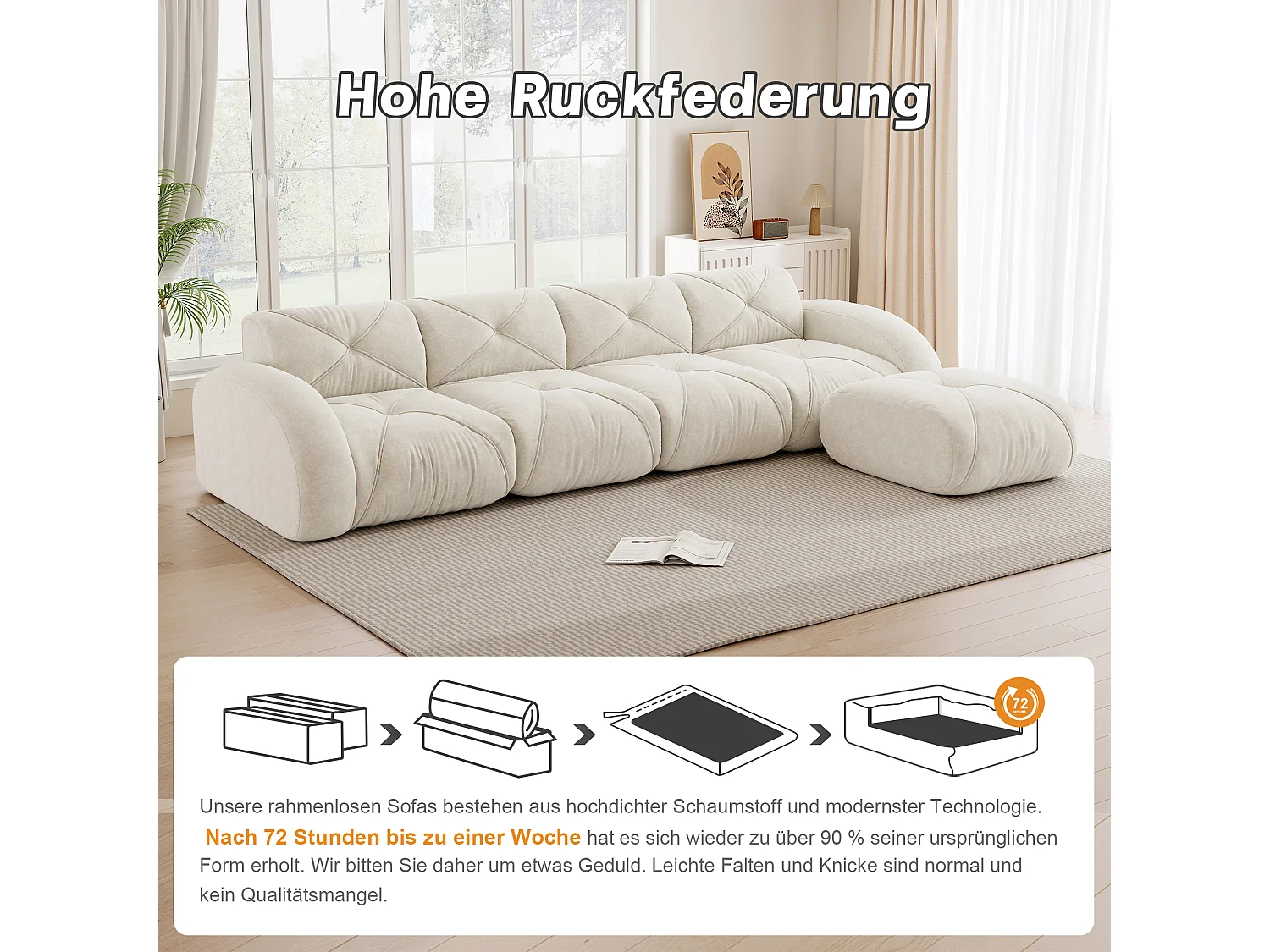 Canapé d'Angle Modulaire 4 Places avec Pouf en Chenille, Design Minimaliste sans Cadre, Assise Profonde et Flexible - Blanc